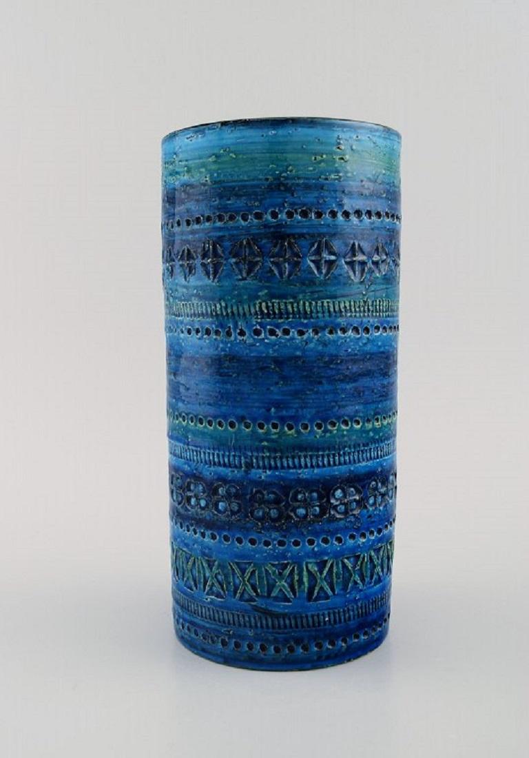Mid-Century Modern Aldo Londi for Bitossi, Cylindrical Vase in Rimini-Blue Glazed Ceramics