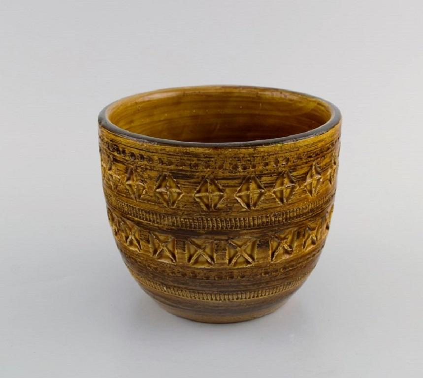 Mid-Century Modern Aldo Londi for Bitossi, Flowerpot in Mustard Yellow Glazed Ceramics
