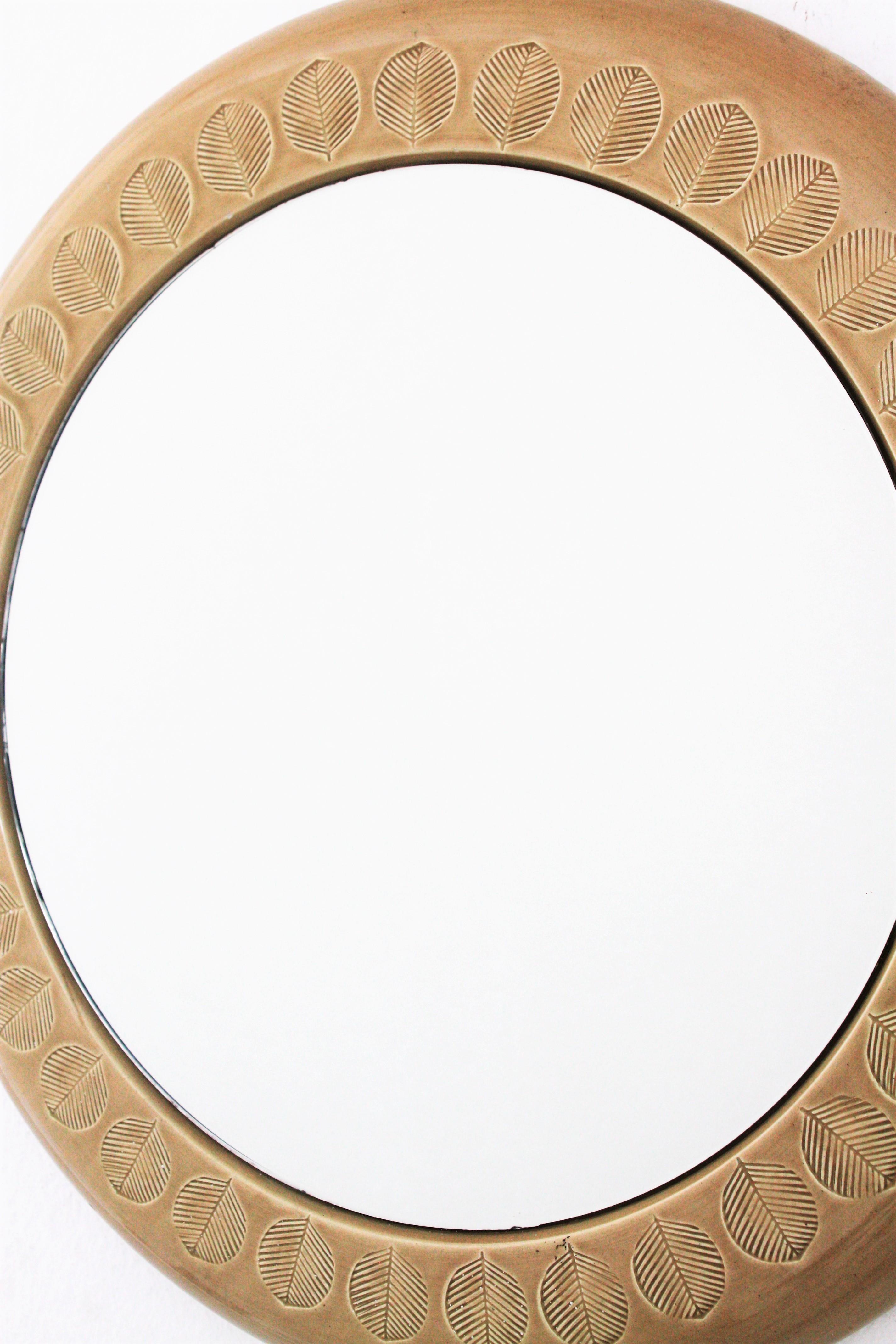 Pottery Aldo Londi Bitossi Beige Glazed Ceramic Round Wall Mirror with Leaf Motifs For Sale