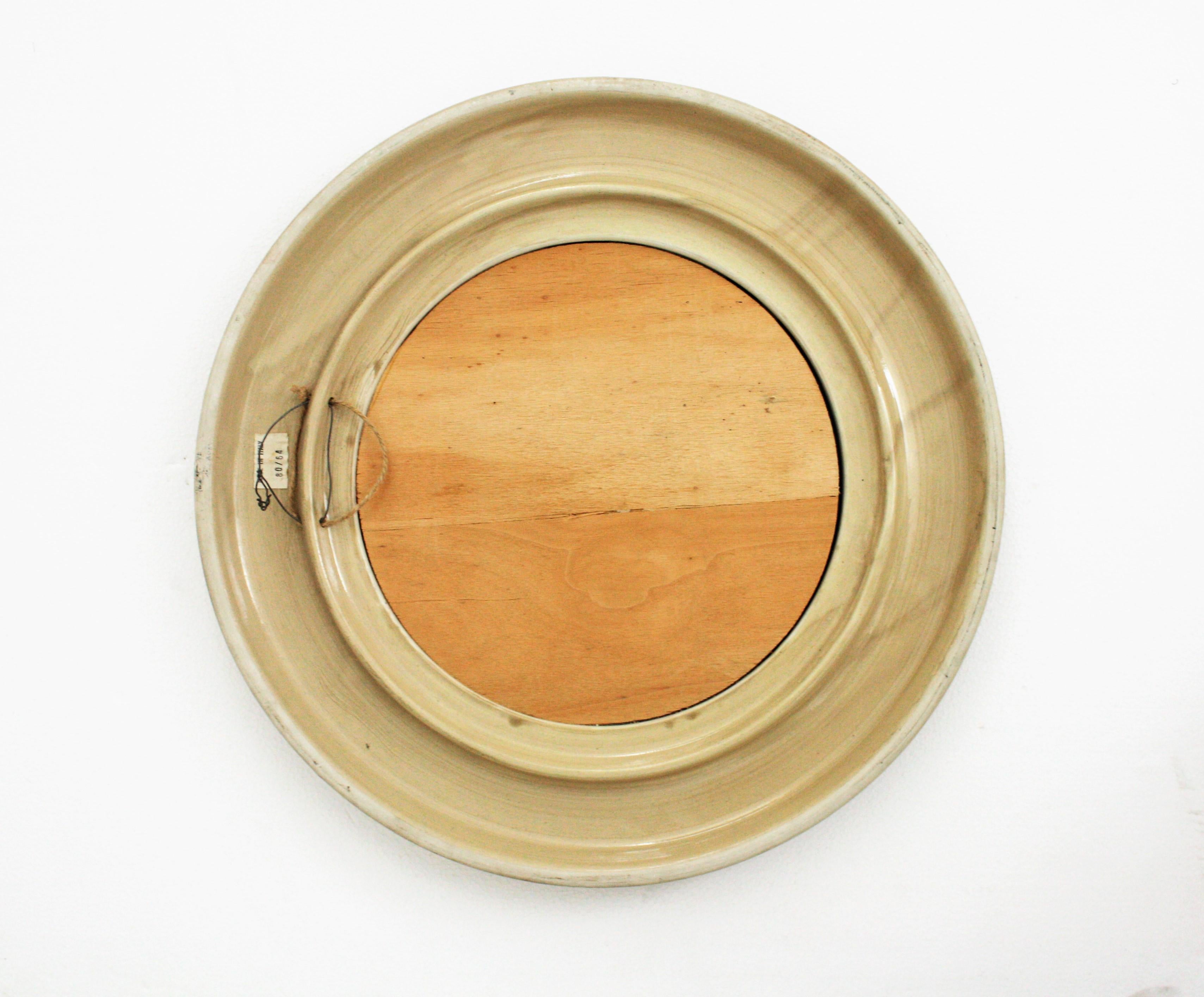 Aldo Londi Bitossi Beige Glazed Ceramic Round Wall Mirror with Leaf Motifs For Sale 2