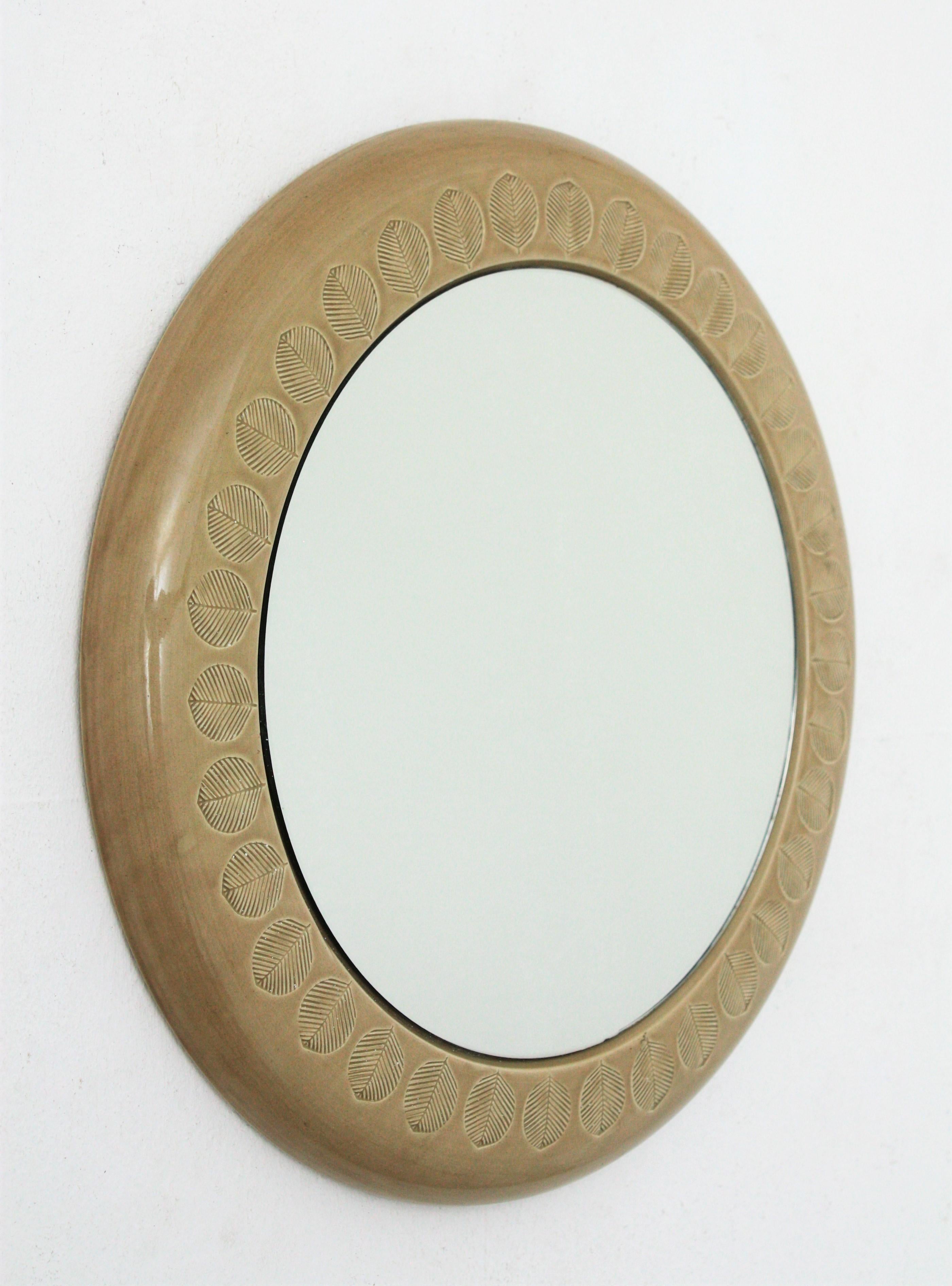 Mid-Century Modern Aldo Londi Miroir Bitossi en céramique émaillée beige en vente