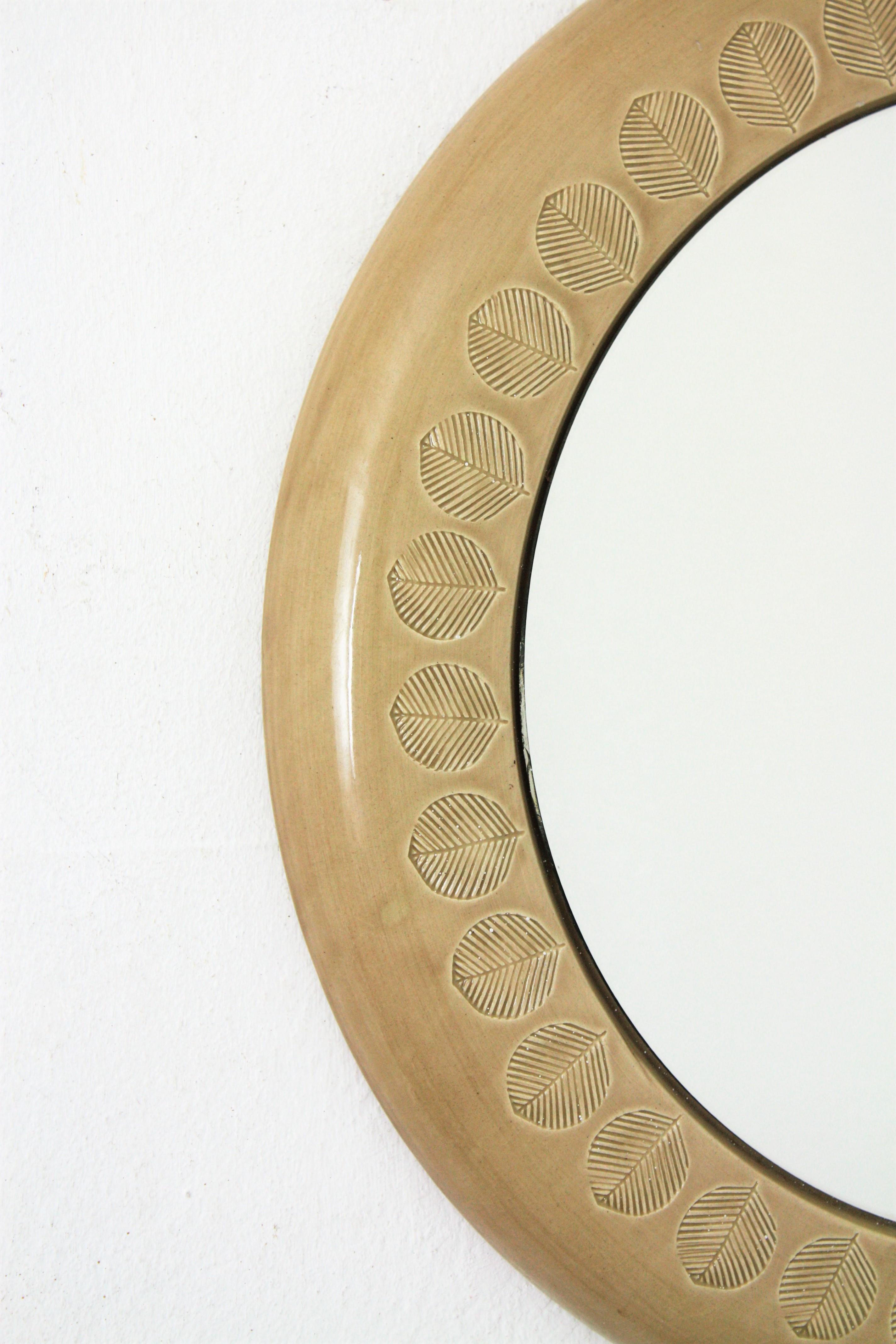 Mid-Century Modern Aldo Londi Bitossi Beige Glazed Ceramic Round Wall Mirror with Leaf Motifs For Sale