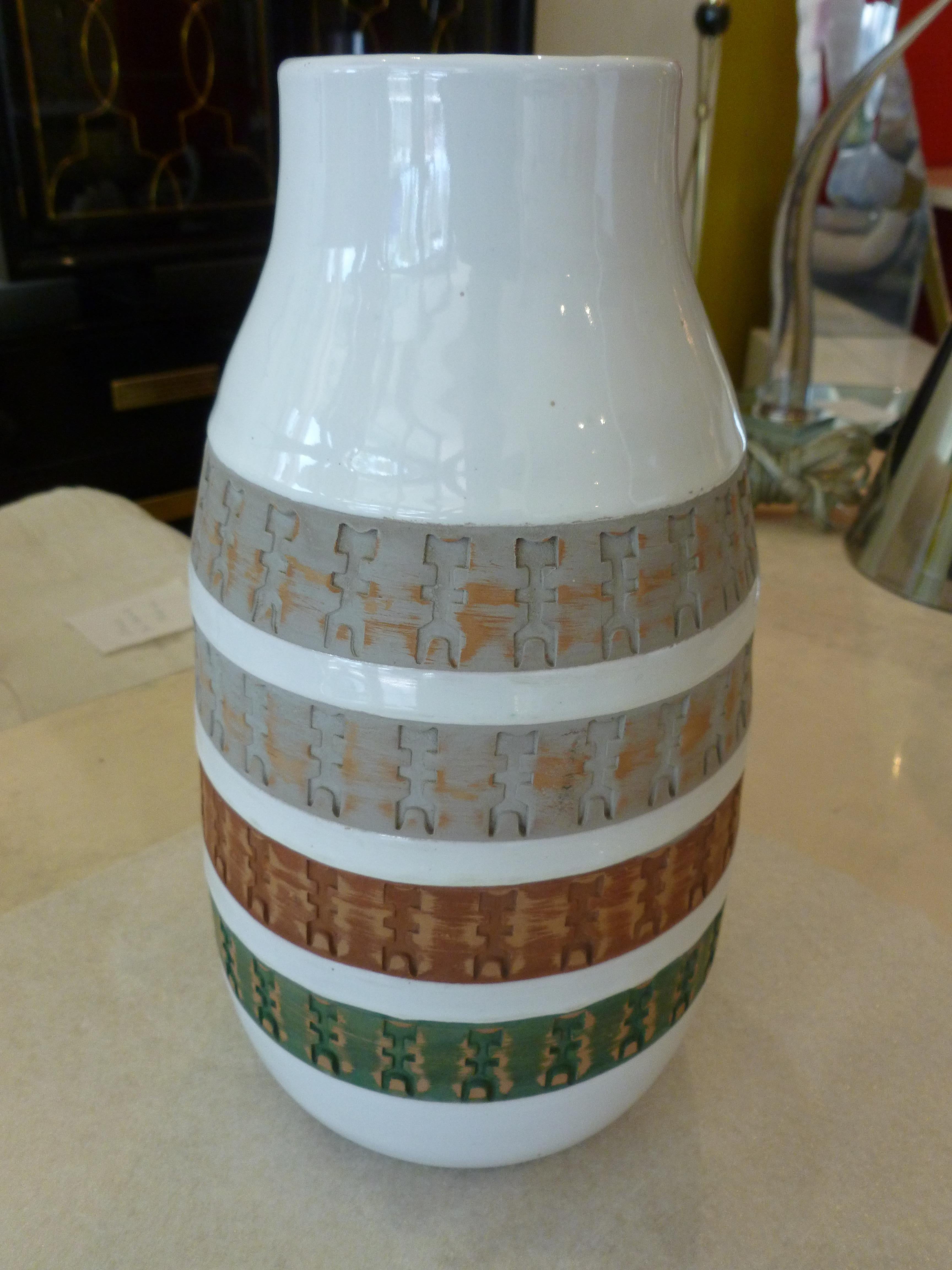 Aldo Londi for Bitossi Green, Tan, Rust Orange, Gray White Ceramic Vase Vessel 9