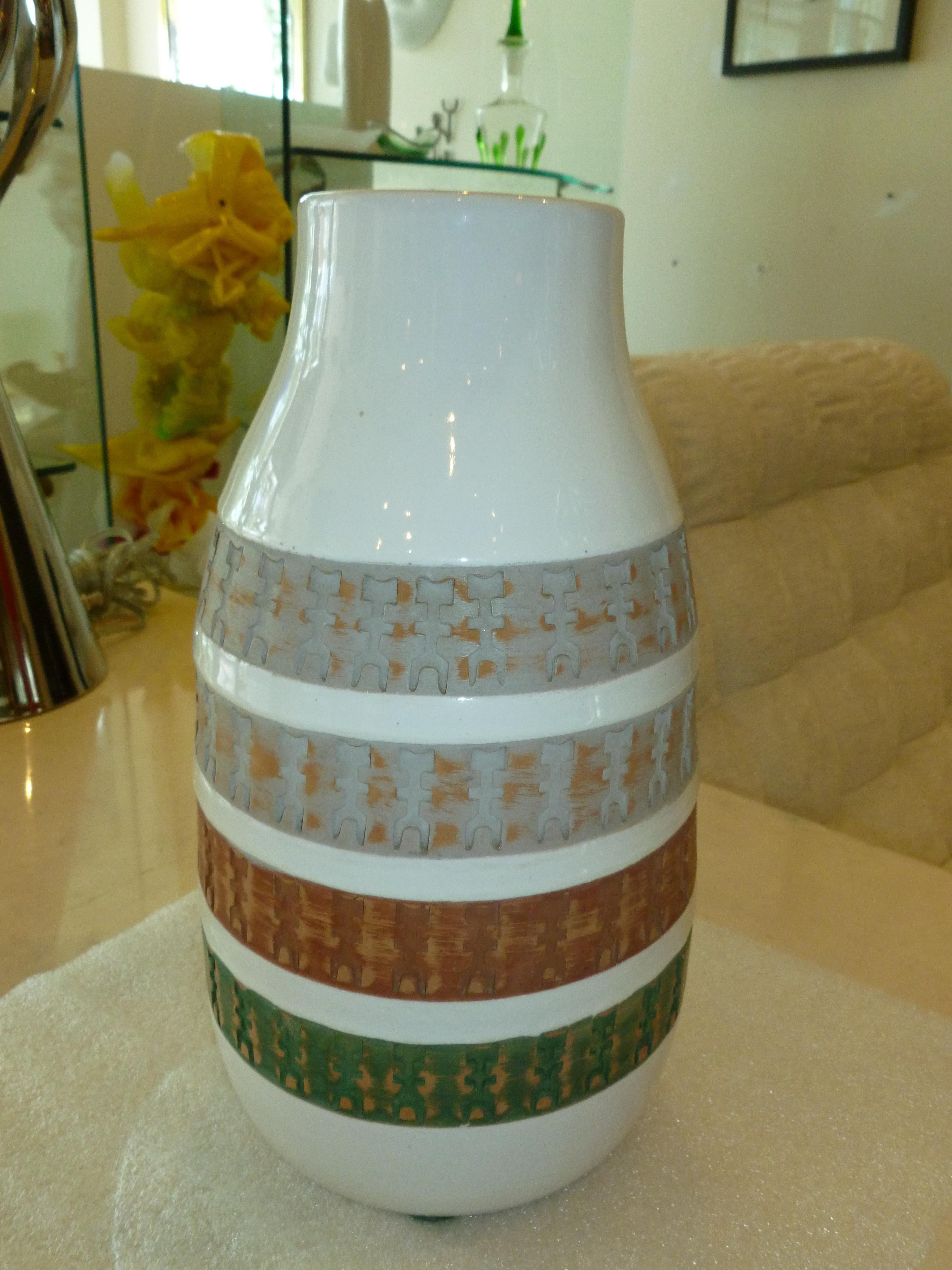 Aldo Londi for Bitossi Green, Tan, Rust Orange, Gray White Ceramic Vase Vessel 12