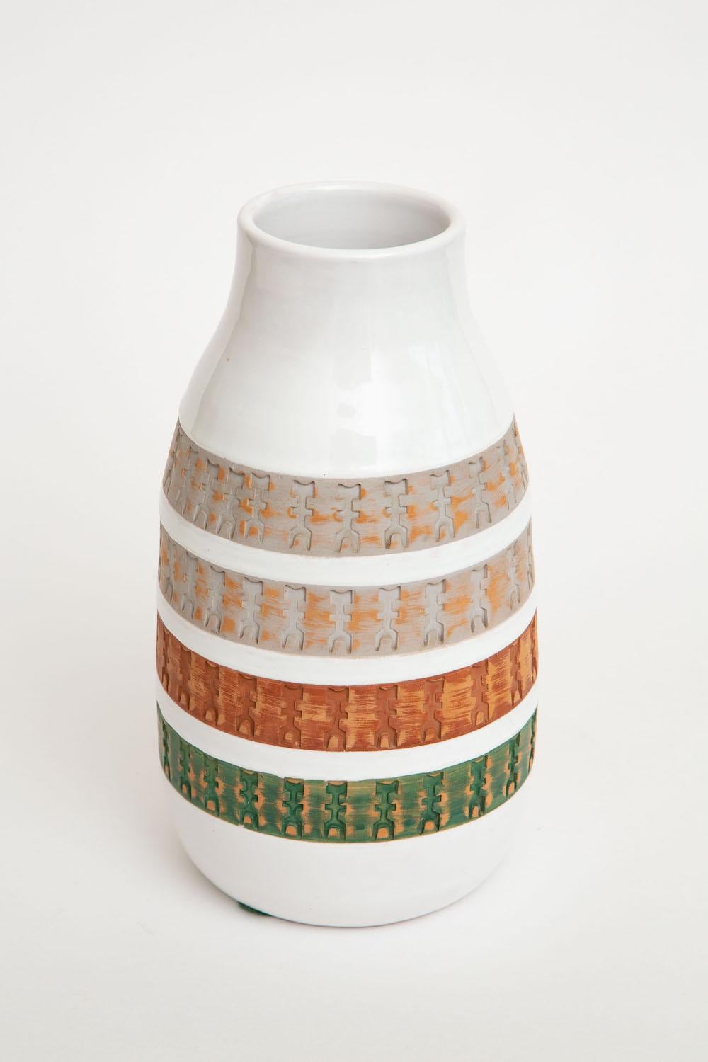 Mid-Century Modern Aldo Londi for Bitossi Green, Tan, Rust Orange, Gray White Ceramic Vase Vessel