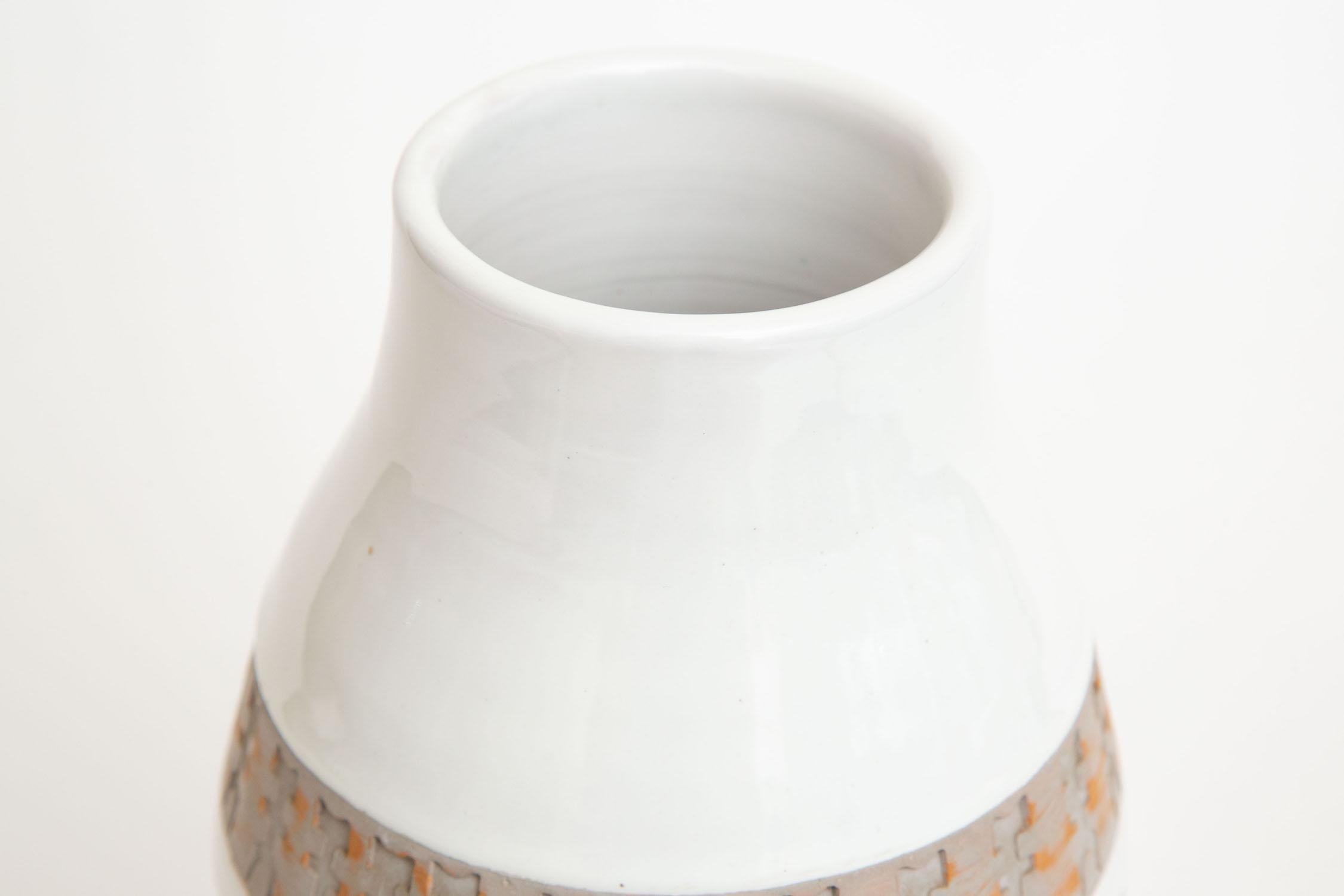 Italian Aldo Londi for Bitossi Green, Tan, Rust Orange, Gray White Ceramic Vase Vessel