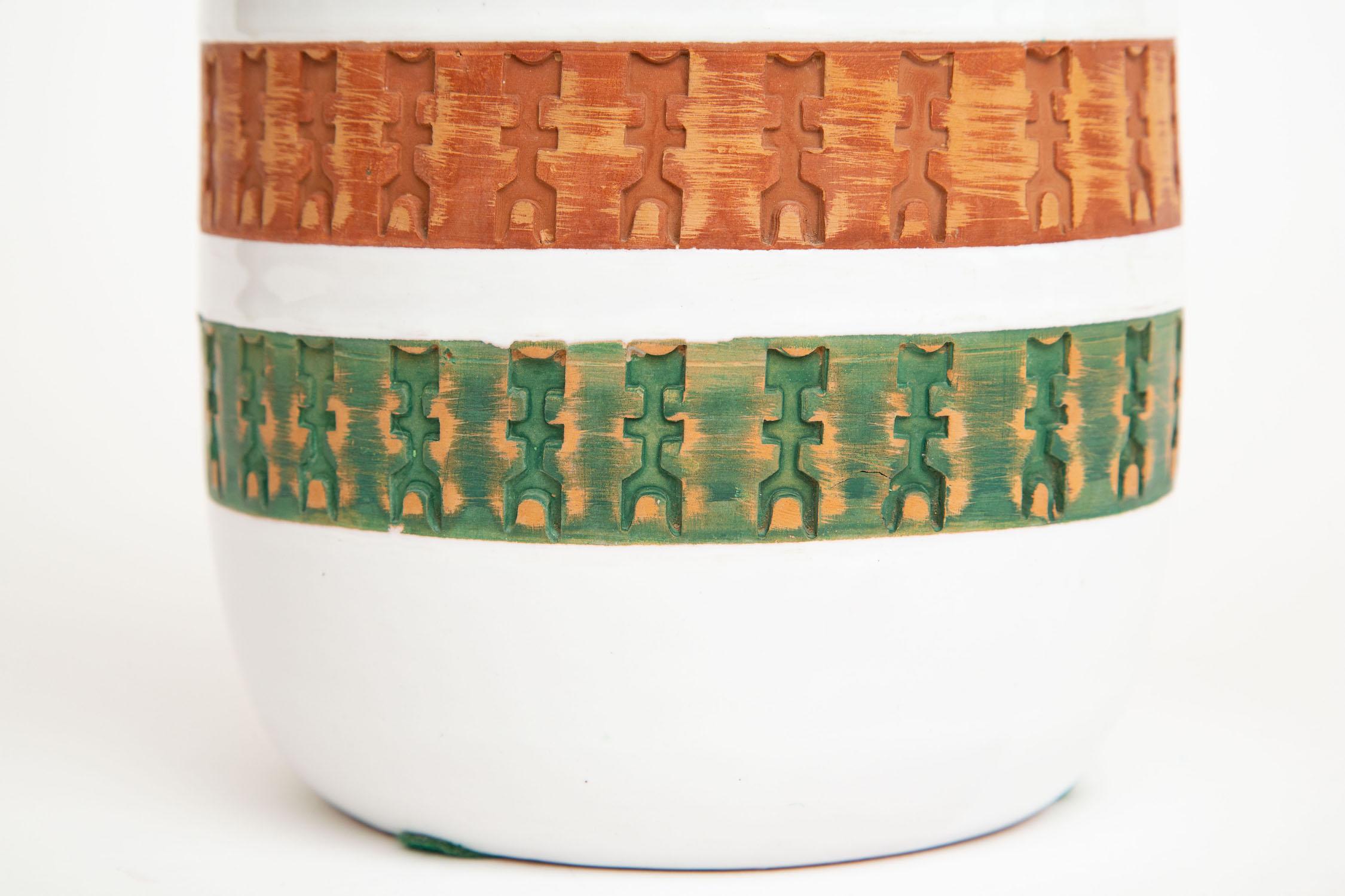 Aldo Londi for Bitossi Green, Tan, Rust Orange, Gray White Ceramic Vase Vessel 1