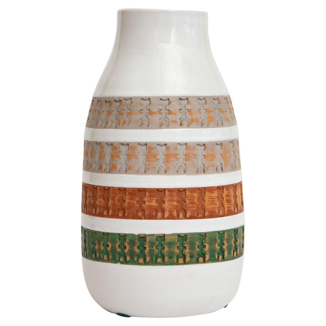 Aldo Londi for Bitossi Green, Tan, Rust Orange, Gray White Ceramic Vase Vessel