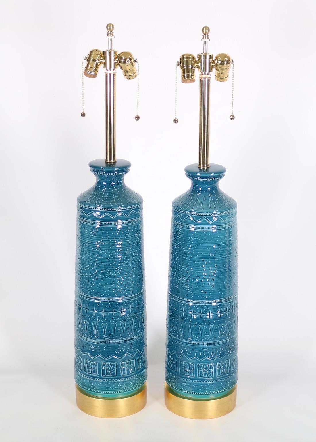 Italian Hollywood Regency Bittossi Style Lamps in Blue & Aqua Glazed Ceramic In Good Condition In New York, NY