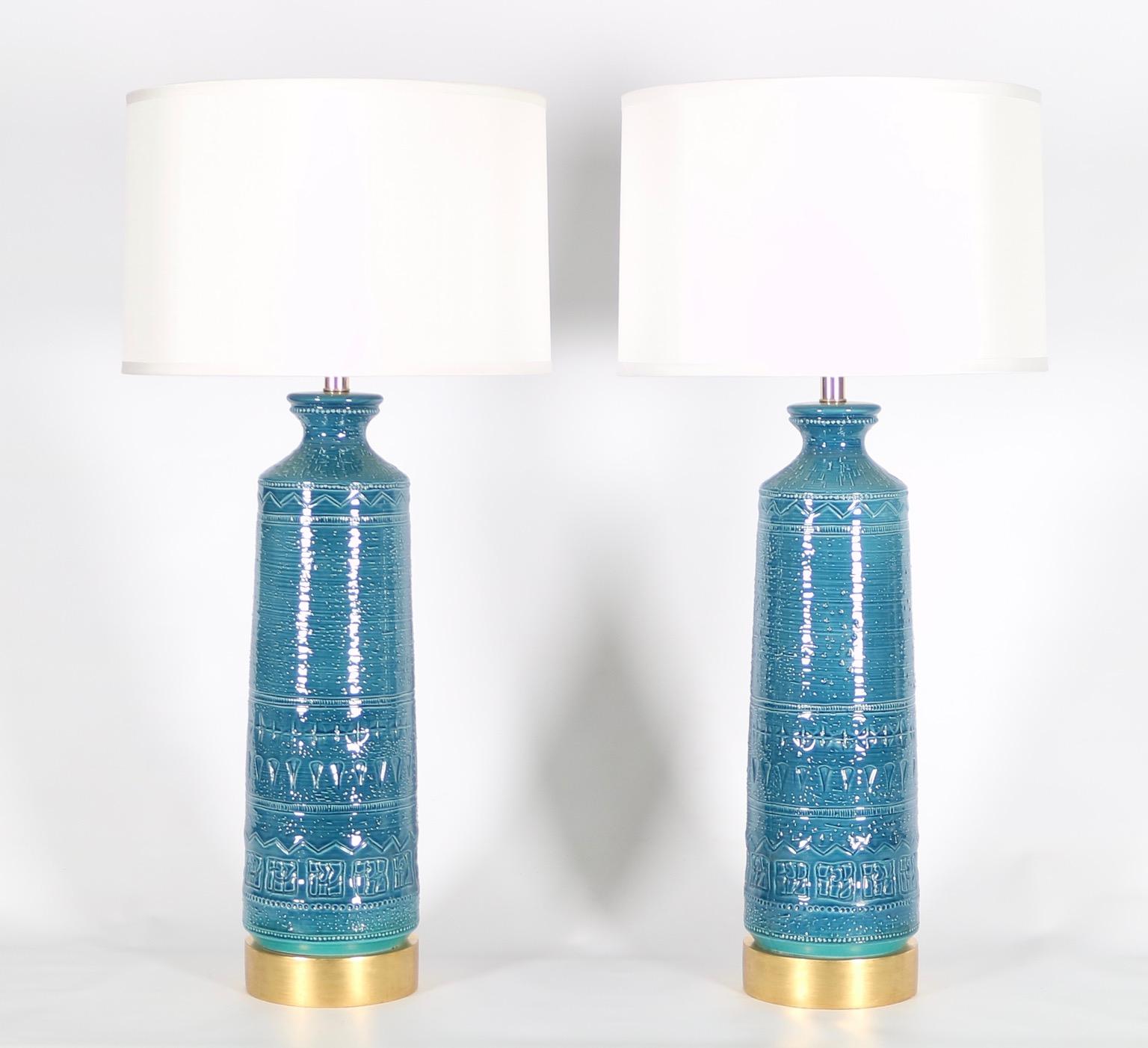 Mid-20th Century Italian Hollywood Regency Bittossi Style Lamps in Blue & Aqua Glazed Ceramic