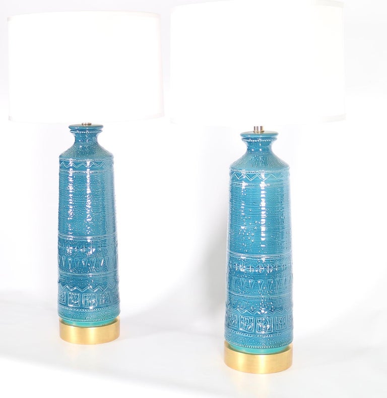 Italian Hollywood Regency Bittossi Style Lamps in Blue & Aqua Glazed Ceramic 1