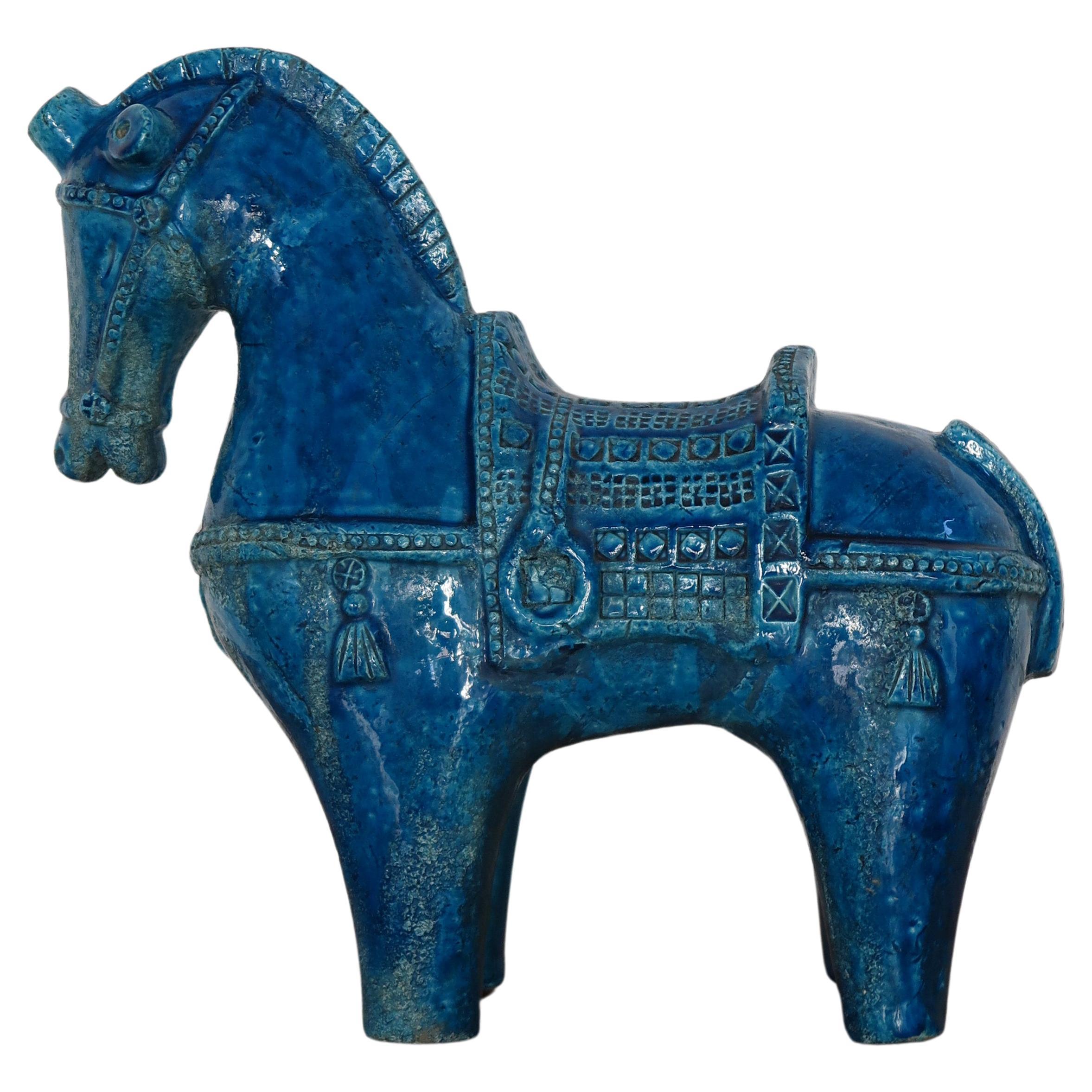Aldo Londi for Bitossi Italian Midcentury Blue Sculpture Ceramic Horse 1960s For Sale