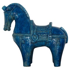 Aldo Londi for Bitossi Italian Midcentury Blue Sculpture Ceramic Horse 1960s