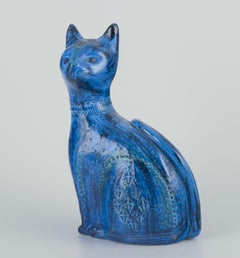 Aldo Londi for Bitossi, Italy. Large ceramic sculpture of a cat in blue glaze