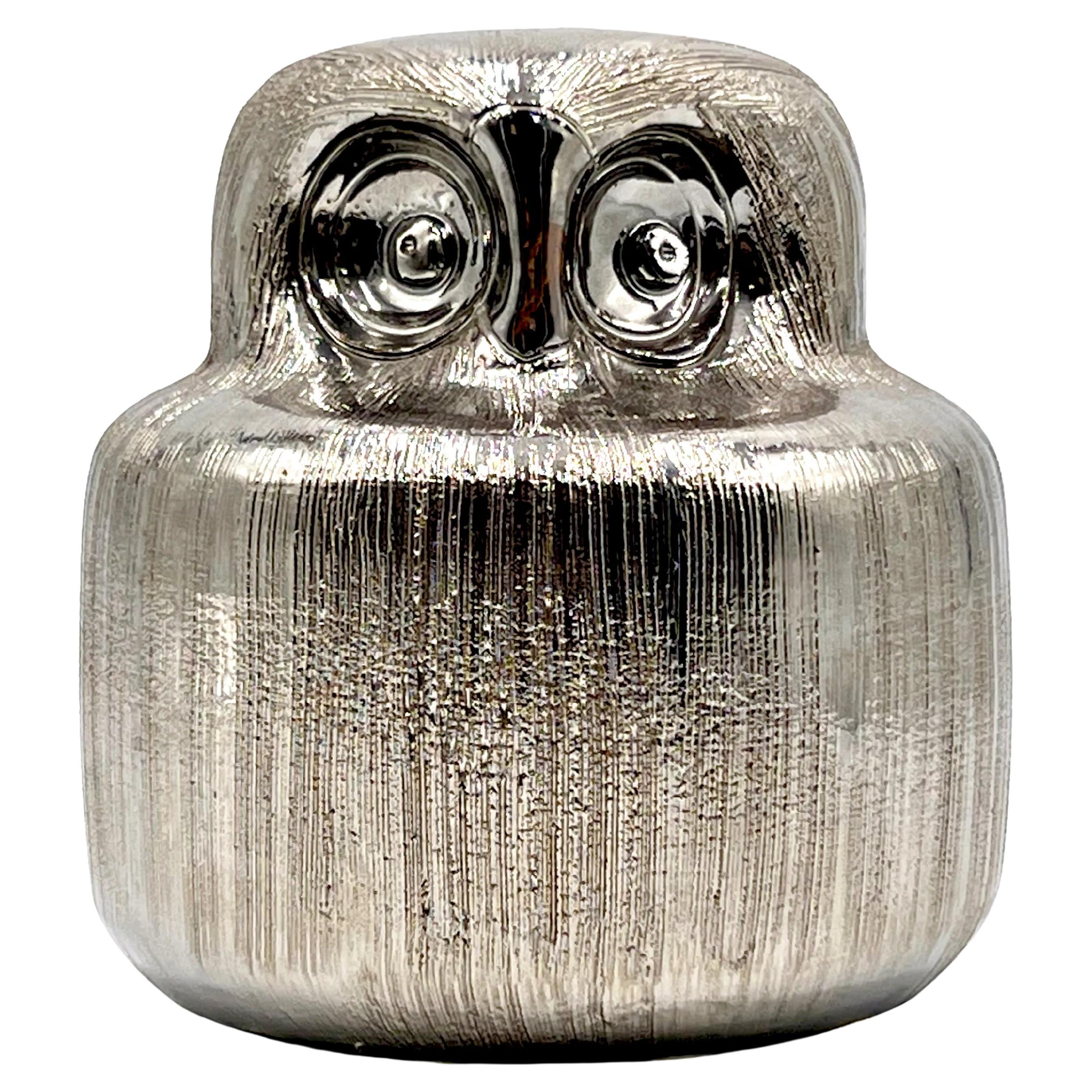 Aldo Londi for Bitossi (Italie) Vintage 1960s, 'Pettinato' Silver 6" Ceramic Owl (chouette en céramique)