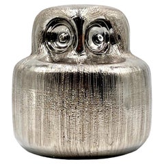 Aldo Londi for Bitossi (Italie) Vintage 1960s, 'Pettinato' Silver 6" Ceramic Owl (chouette en céramique)