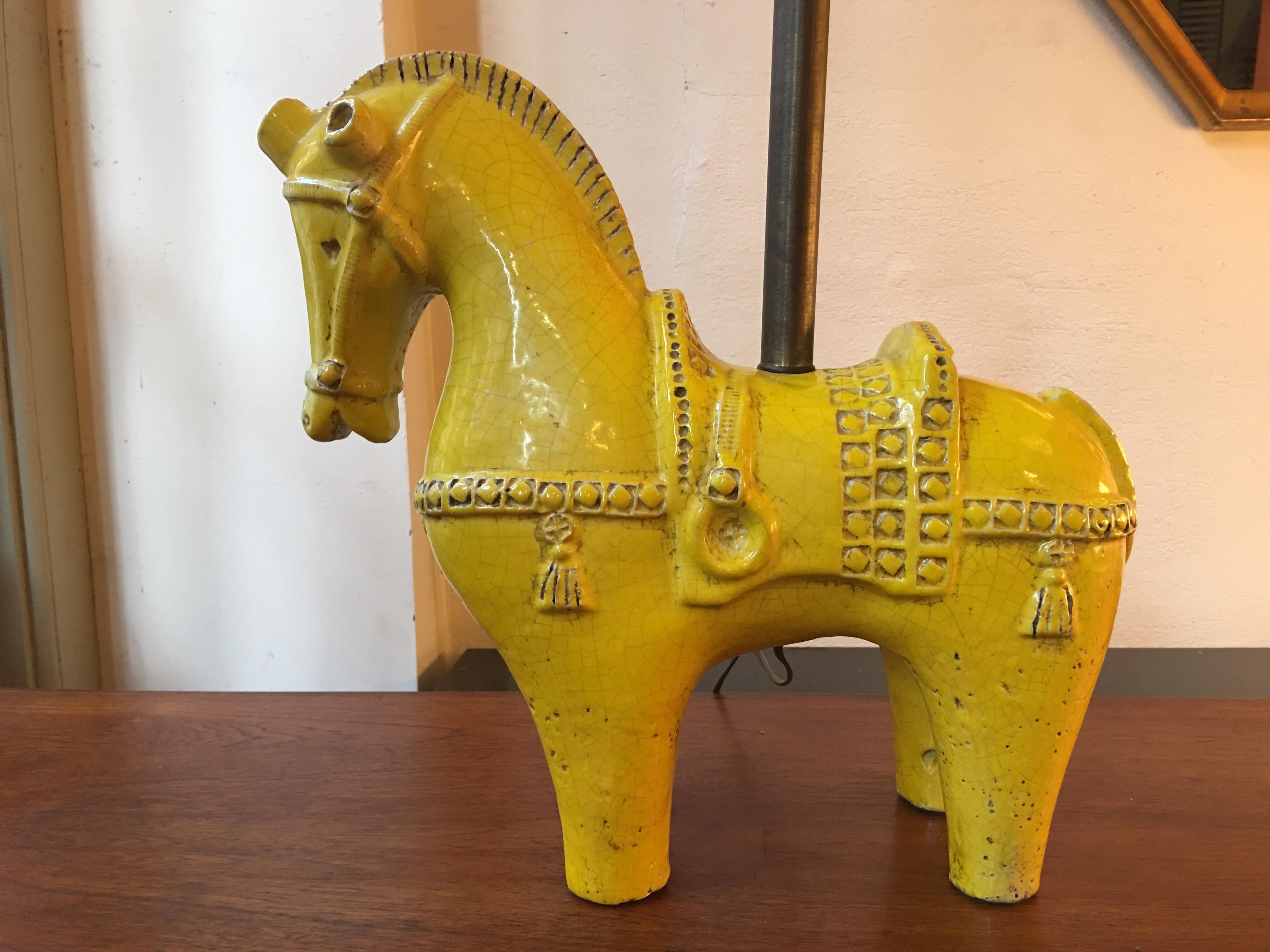 Aldo Londi for Bitossi extra large horse lamp! Beautiful detail and craftmanship to the hand-built horse. Yellow pieces are always a nice surprise where as most are in the deep blue. Measurements below are for Horse alone. Lamp stands 35.5