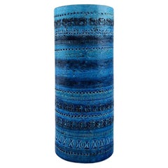 Aldo Londi for Bitossi, Large Cylindrical Vase in Rimini-Blue Glazed Ceramics