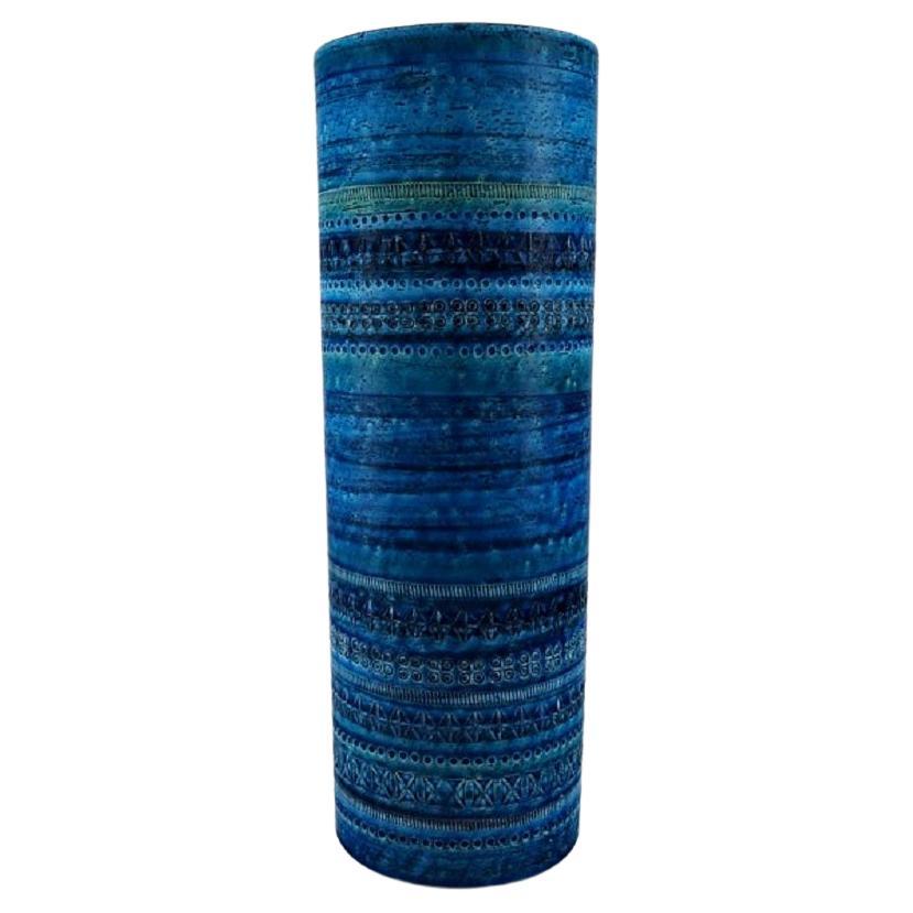 Aldo Londi for Bitossi, Large Cylindrical Vase in Rimini-Blue Glazed Ceramics