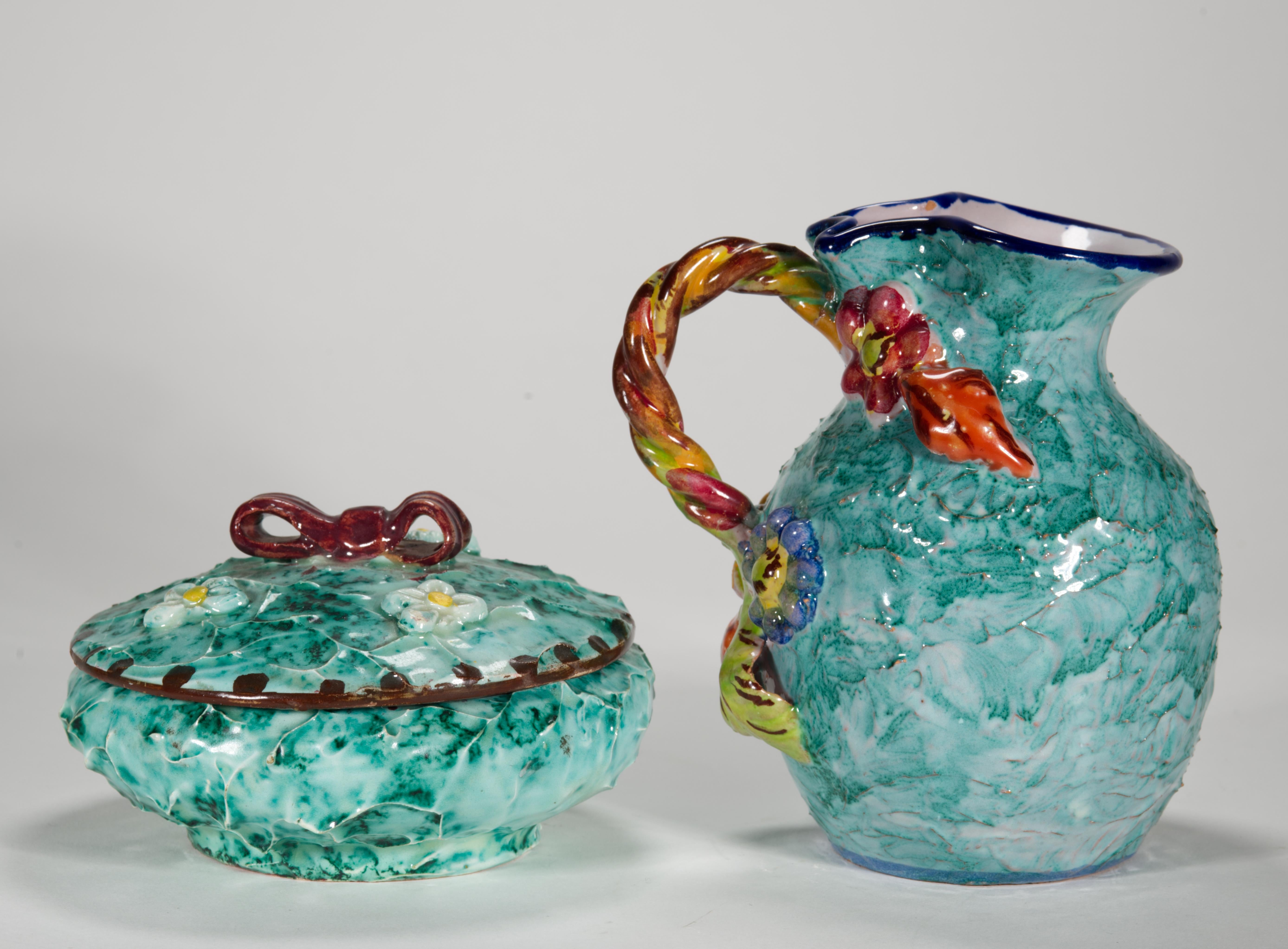 Glazed Aldo Londi for Bitossi Majolica Bud Vase and Dresser Box with Lid, Italy For Sale