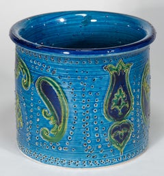 Aldo Londi for Bitossi Majolica Cylinder Vase Blue Prezzemolo Decor