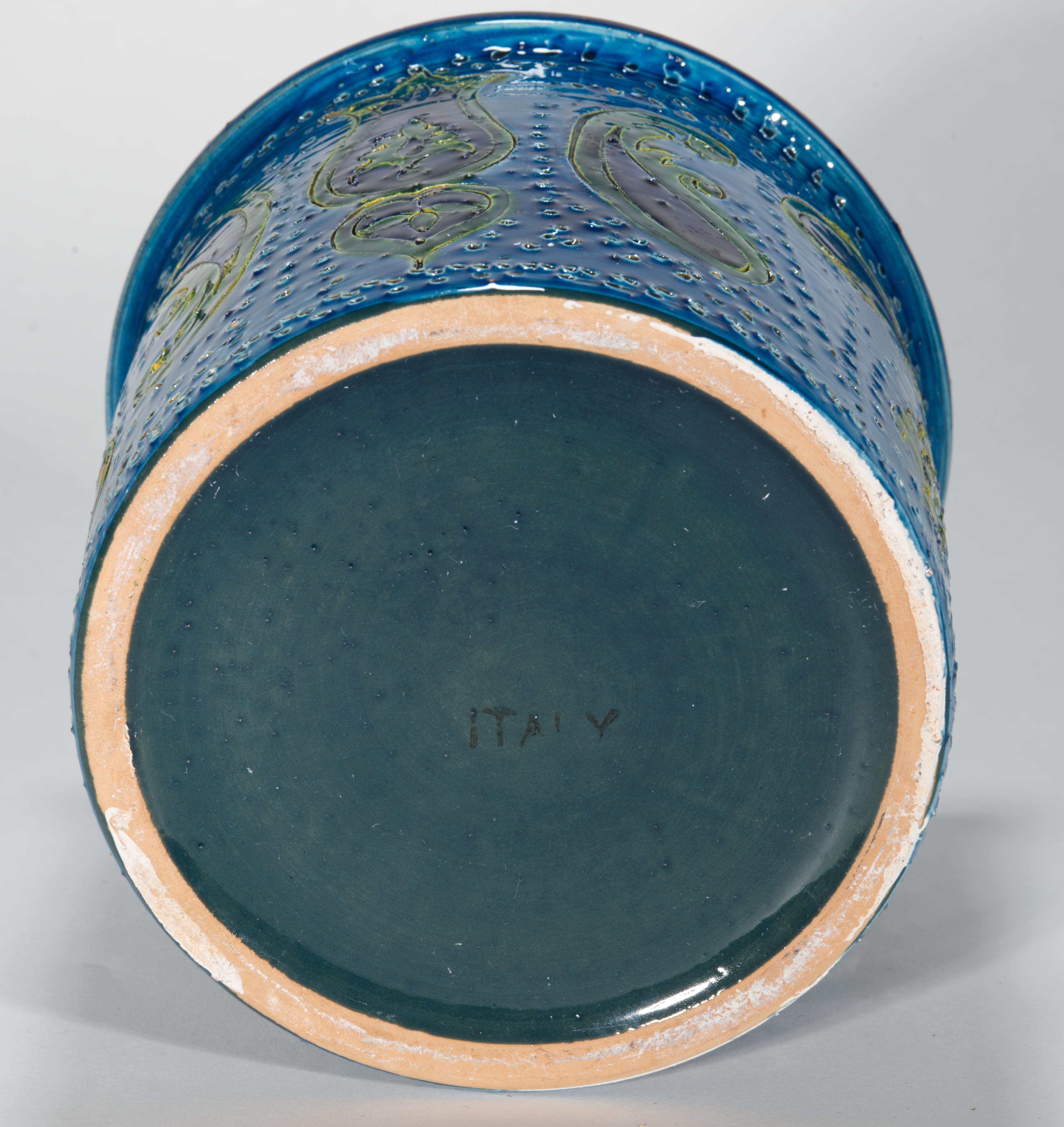 Aldo Londi para Bitossi Jarrón cilíndrico de mayólica azul Prezzemolo Decoración Glaseado en venta