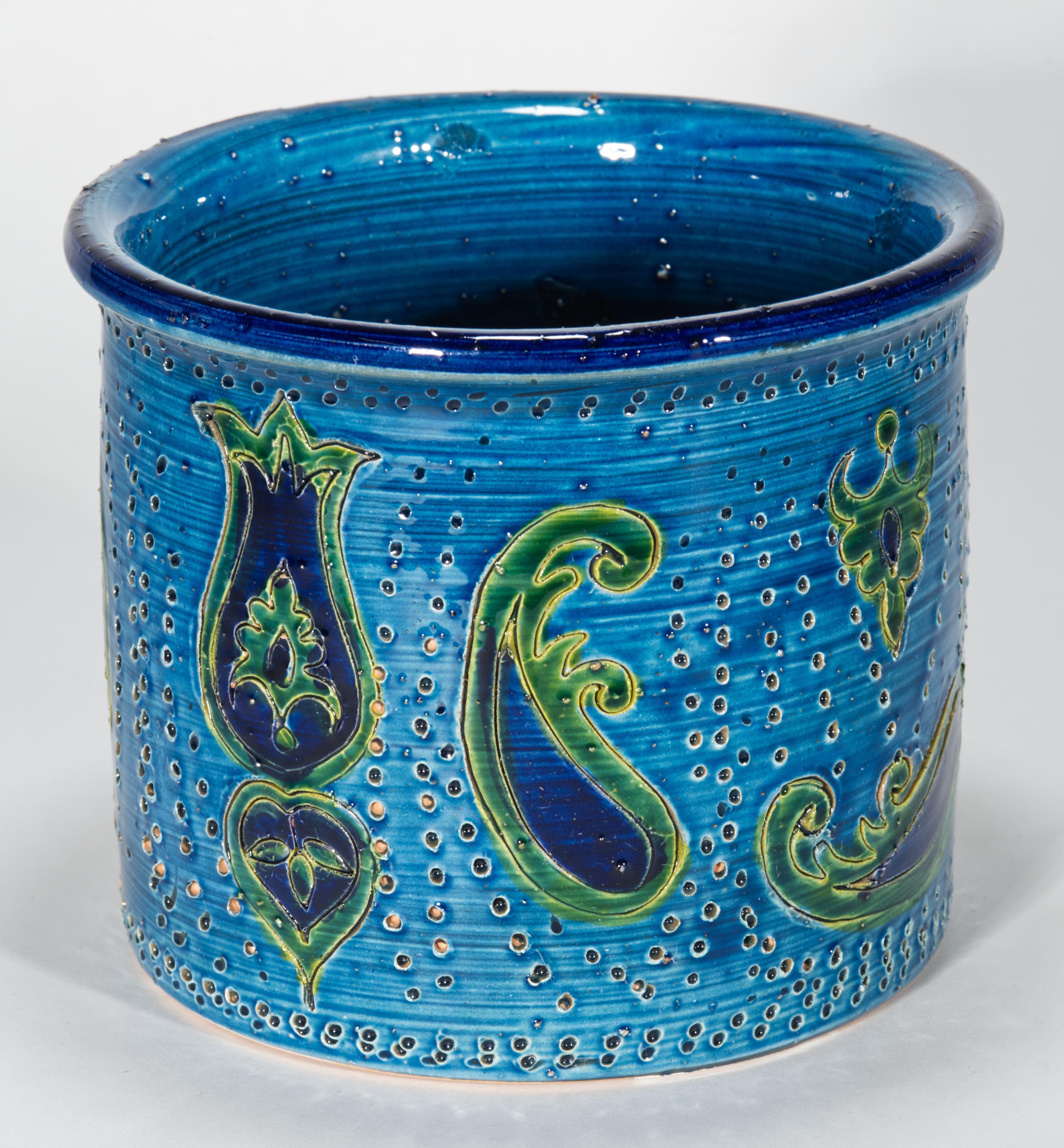 Aldo Londi para Bitossi Jarrón cilíndrico de mayólica azul Prezzemolo Decoración siglo XX en venta