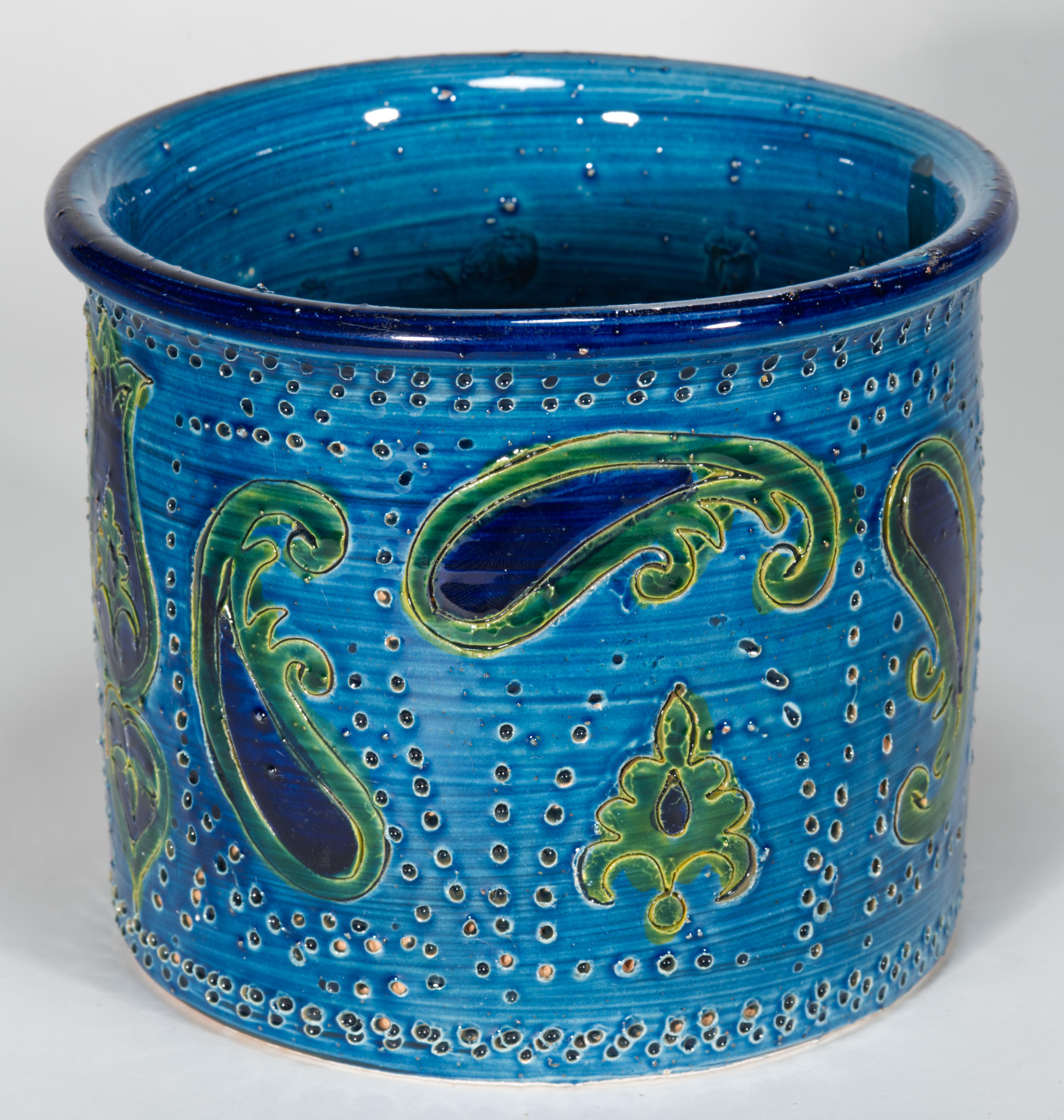 Aldo Londi para Bitossi Jarrón cilíndrico de mayólica azul Prezzemolo Decoración Cerámico en venta
