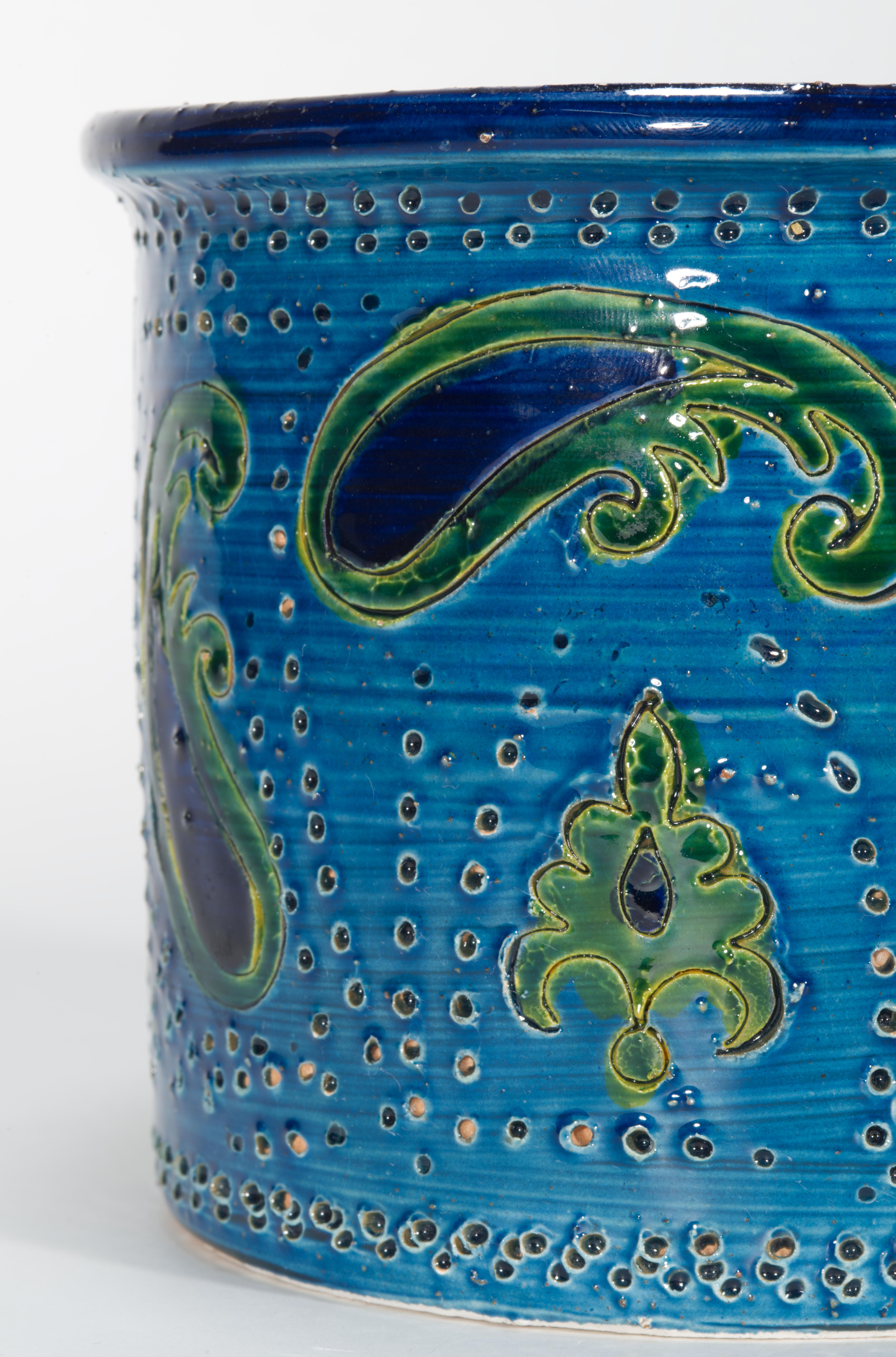 Aldo Londi para Bitossi Jarrón cilíndrico de mayólica azul Prezzemolo Decoración en venta 1