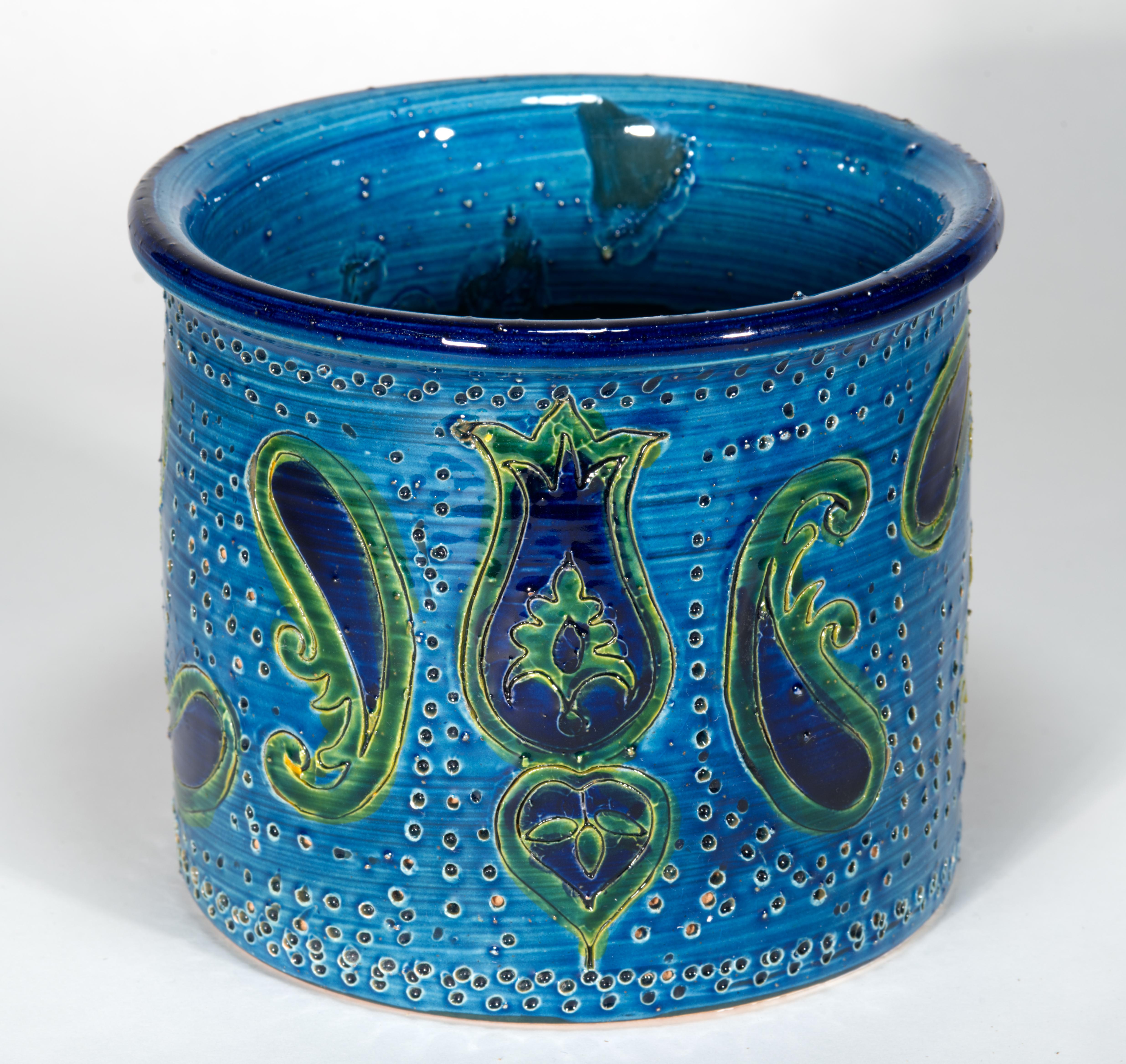 Aldo Londi para Bitossi Jarrón cilíndrico de mayólica azul Prezzemolo Decoración en venta 2