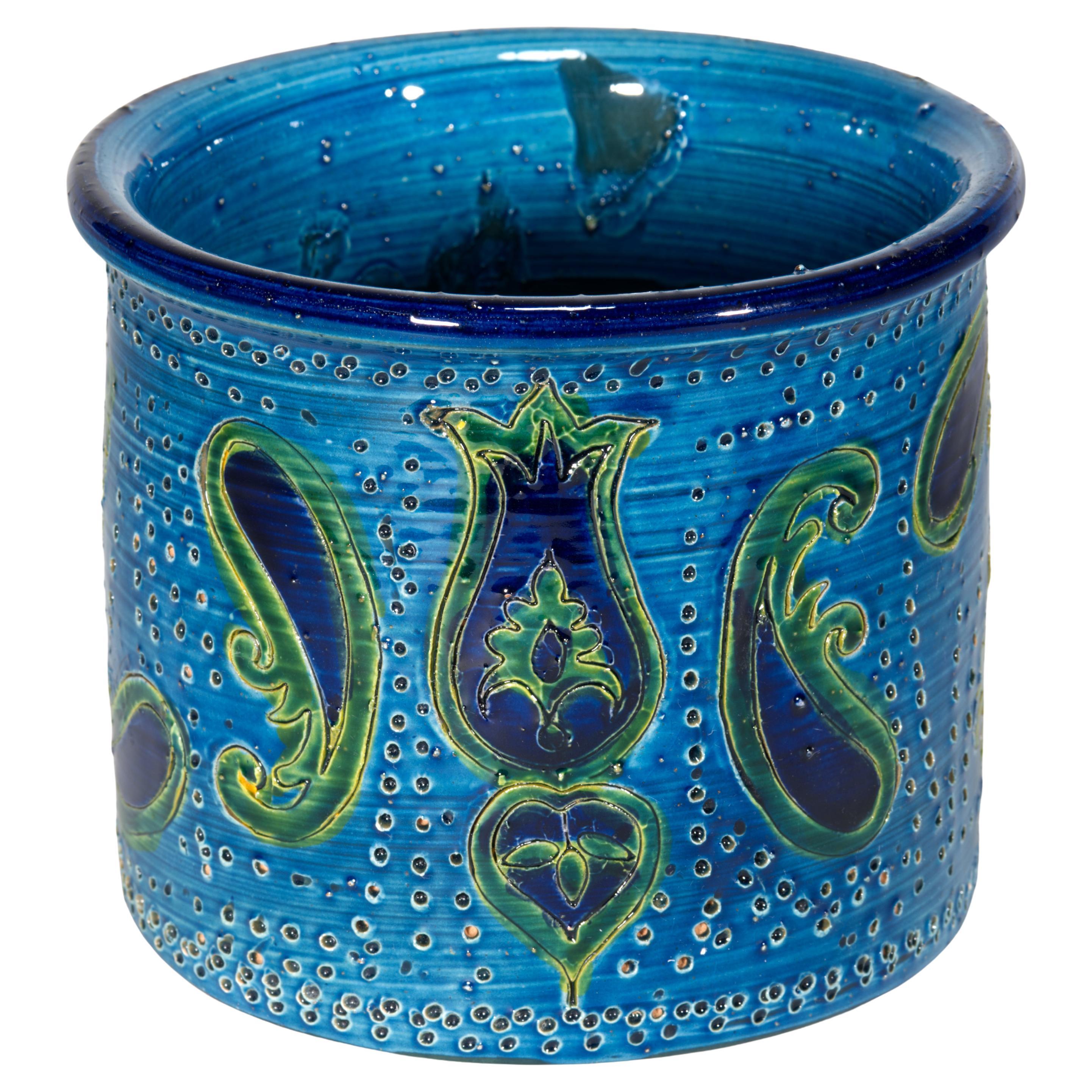 Aldo Londi para Bitossi Jarrón cilíndrico de mayólica azul Prezzemolo Decoración en venta