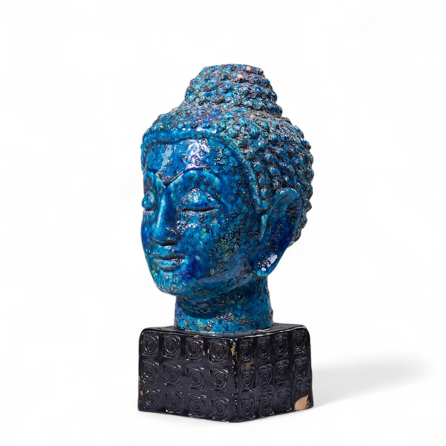Mid-Century moderno Aldo Londi per Bitossi Busto di Buddha blu del Medioevo in vendita