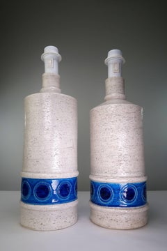 Aldo Londi for Bitossi Midcentury White and Blue Ceramic Table Lamps, 1950s