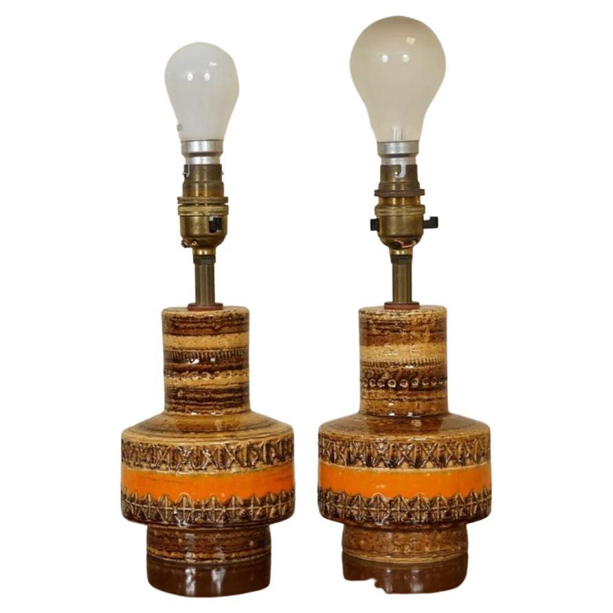 Aldo Londi for Bitossi Pair of Italian Orange & Brown Ceramic Lamps For Sale
