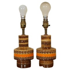 Vintage Aldo Londi for Bitossi Pair of Italian Orange & Brown Ceramic Lamps