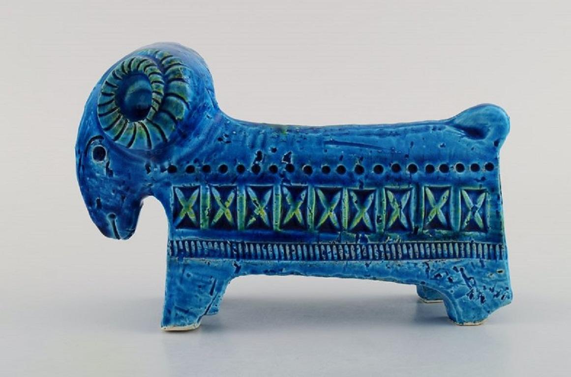 Mid-Century Modern Aldo Londi for Bitossi, Ram in Rimini-Blue Glazed Ceramics, 1960s