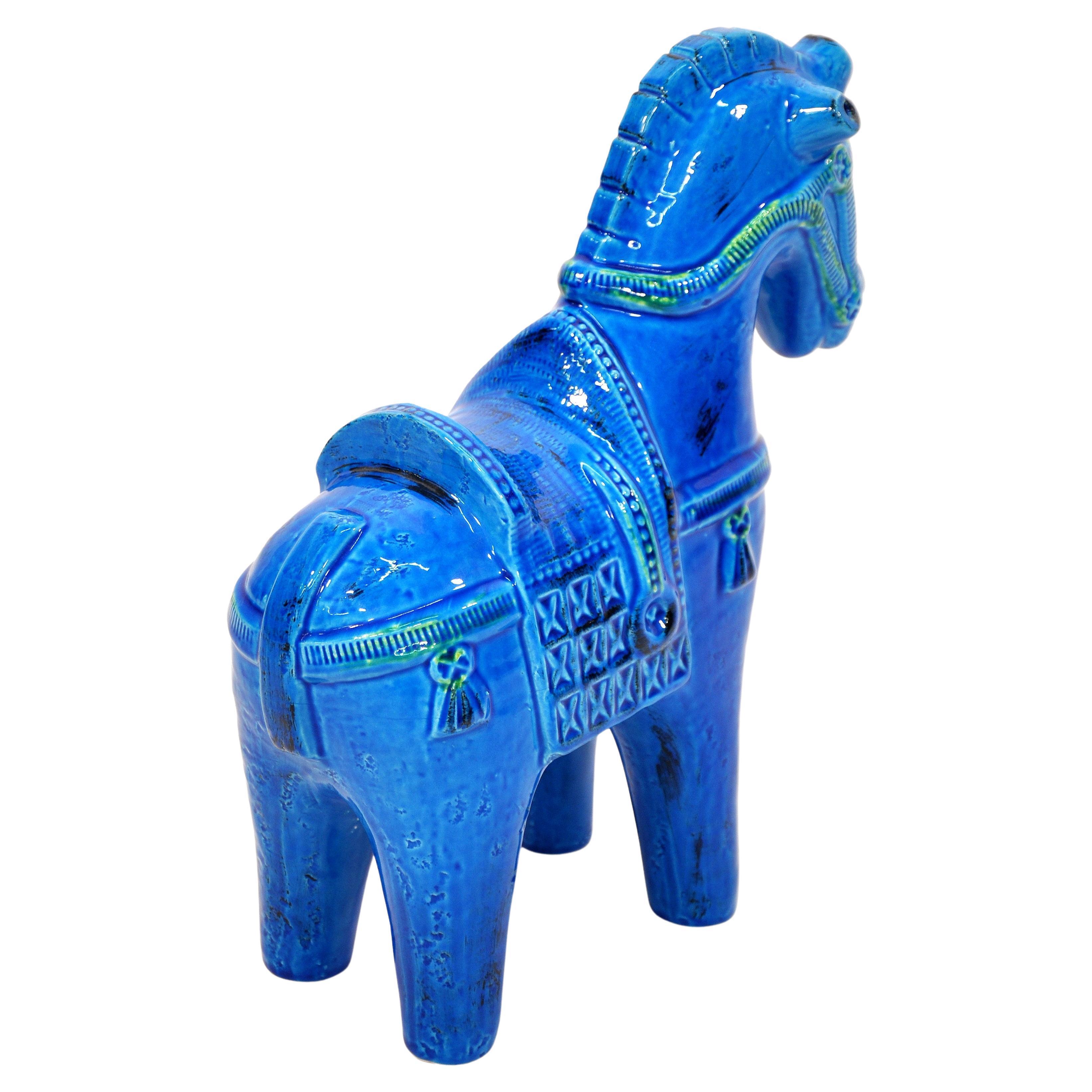 Mid-Century Modern Aldo Londi for Bitossi Rimini Blu Large Ceramic Horse For Sale