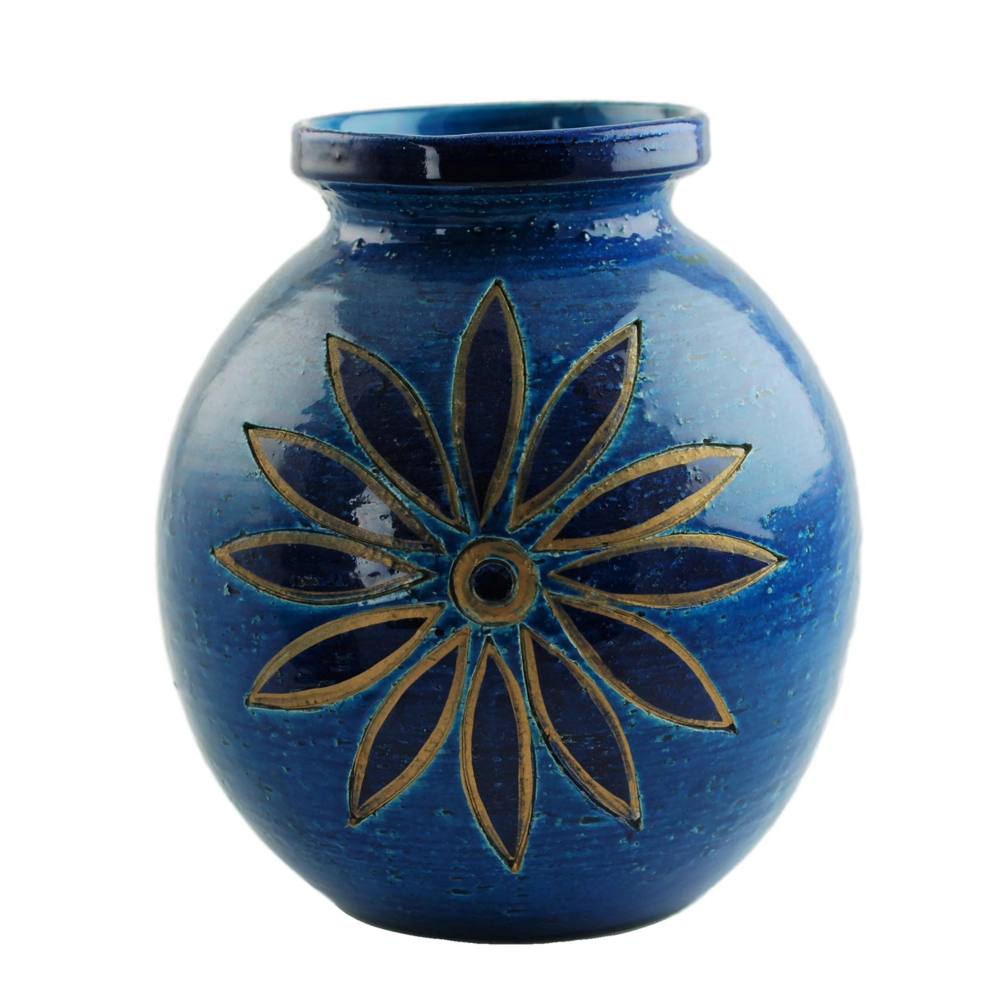Ceramic Aldo Londi for Bitossi Rimini Blu Vase and Lidded Jar with Floral Decoration For Sale