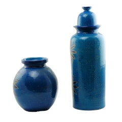Aldo Londi for Bitossi Rimini Blu Vase and Lidded Jar with Floral Decoration