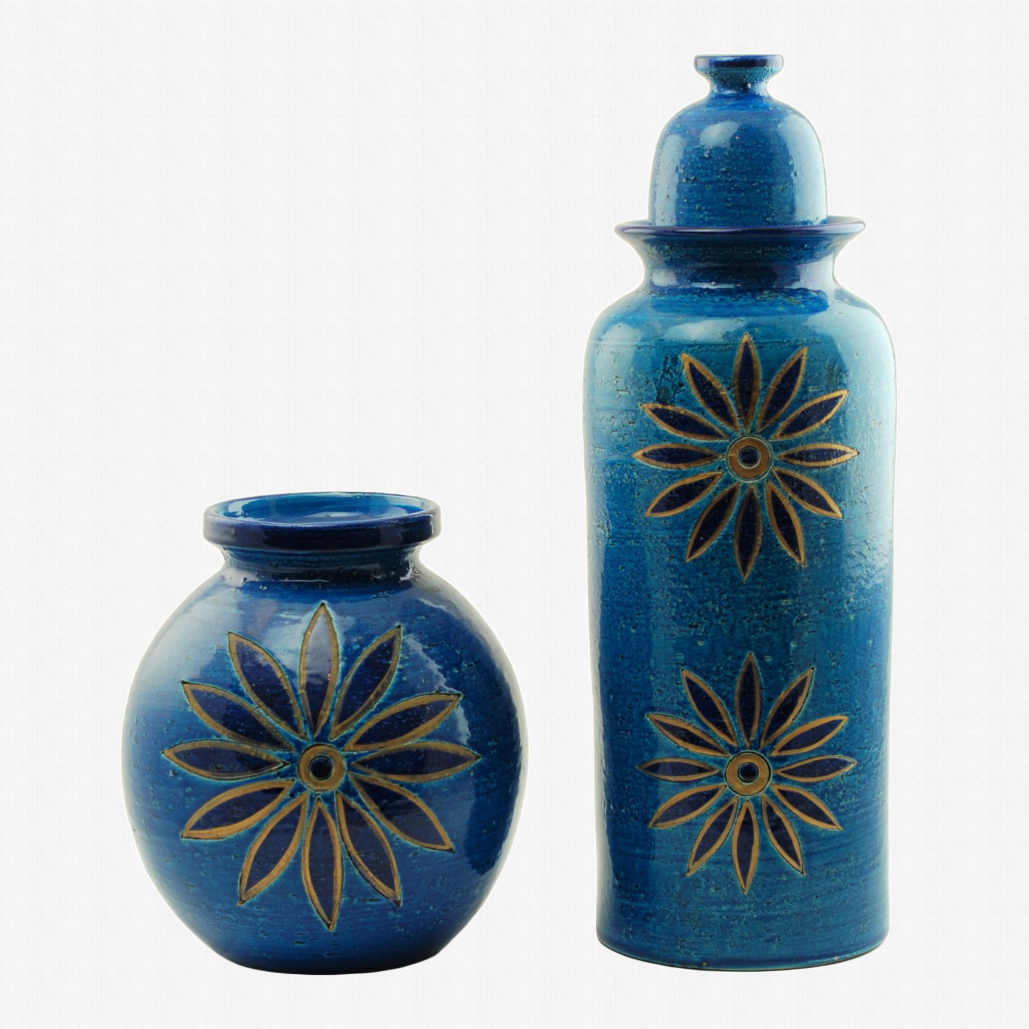 Aldo Londi for Bitossi Rimini Blu Vase and Lidded Jar with Floral Decoration For Sale