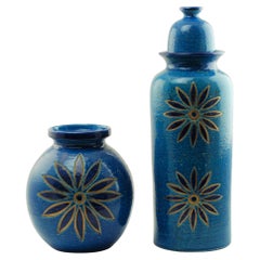Aldo Londi for Bitossi Rimini Blu Vase and Lidded Jar with Floral Decoration