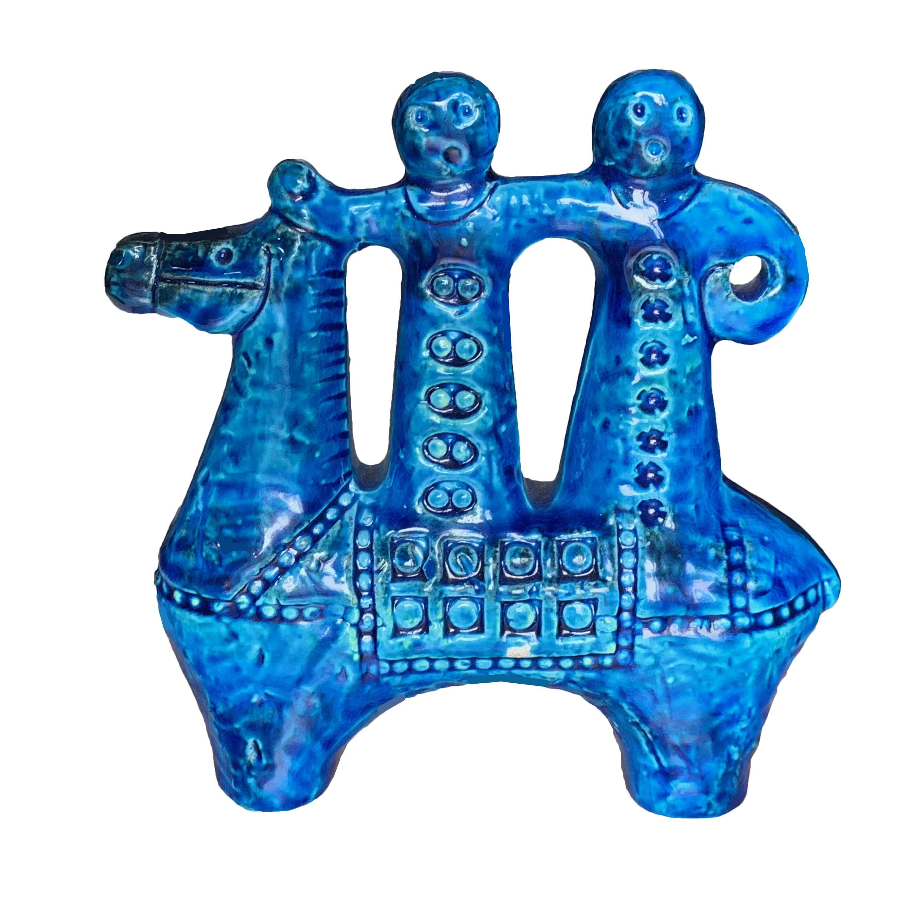 Mid-Century Modern Aldo Londi for Bitossi Rimini Blue Figurine, Horse, Rider, Cavallerizzo Pottery