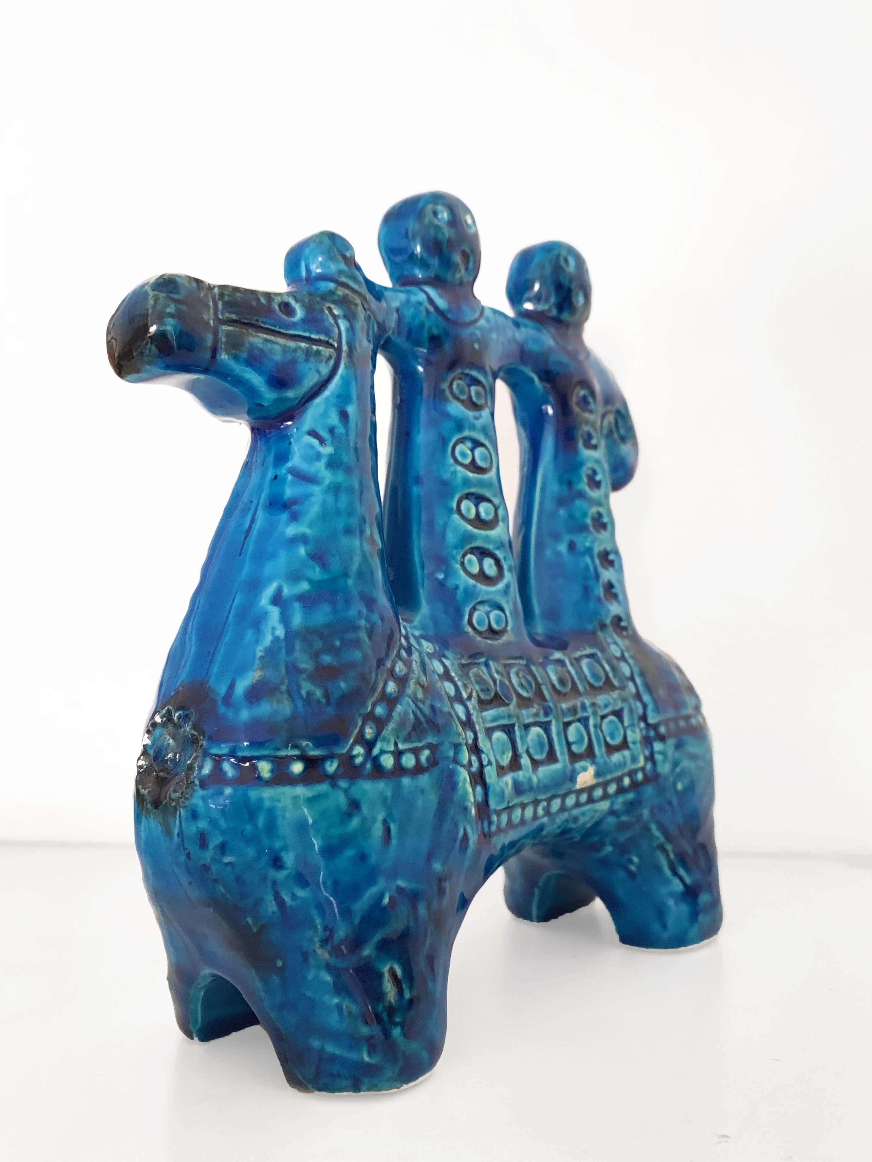 Aldo Londi for Bitossi Rimini Blue Figurine, Horse, Rider, Cavallerizzo Pottery In Good Condition In Roma, IT