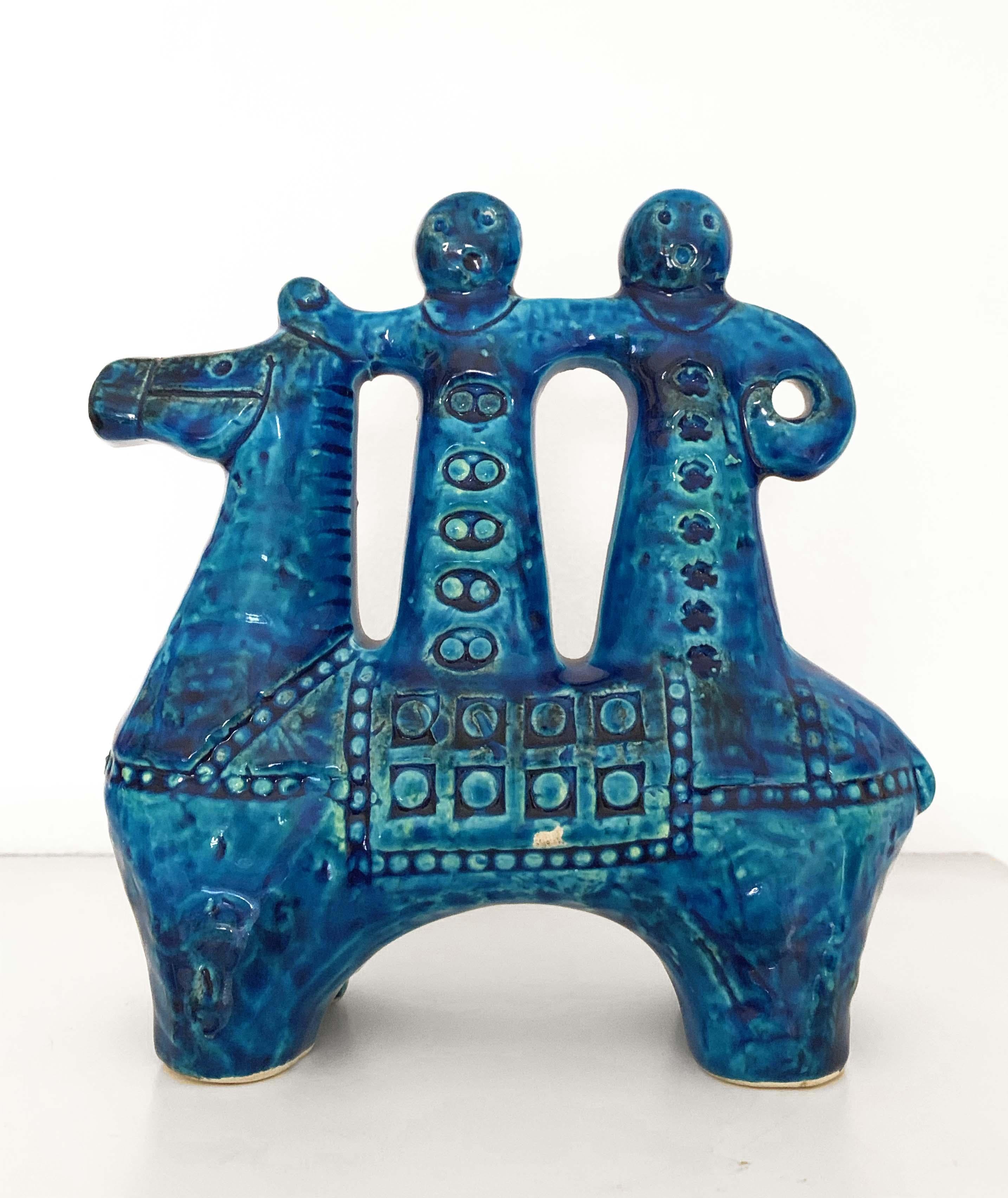Ceramic Aldo Londi for Bitossi Rimini Blue Figurine, Horse, Rider, Cavallerizzo Pottery