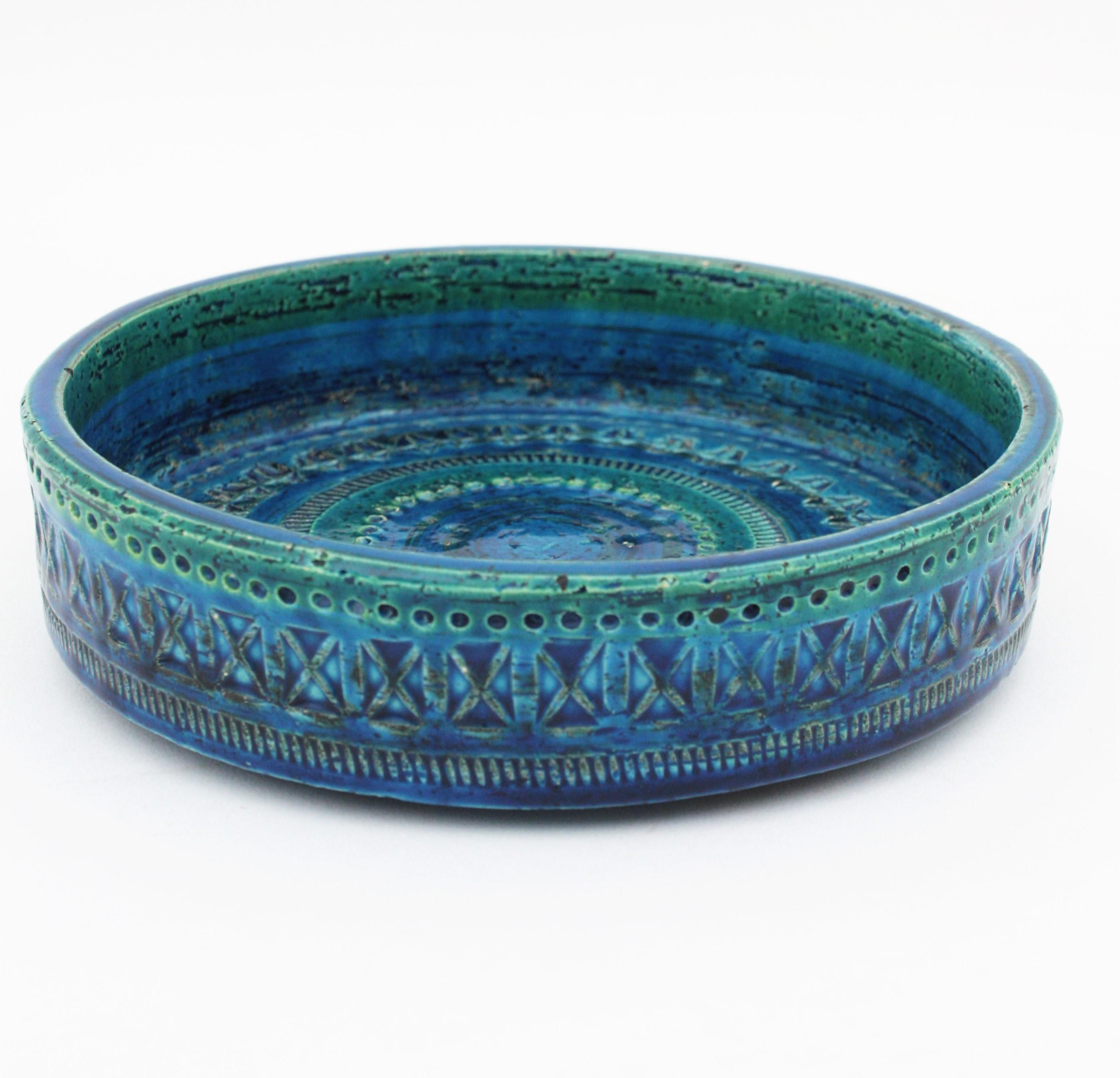 Italian Bitossi Aldo Londi Rimini Blue Glazed Ceramic Circular Bowl, Italy, 1950s For Sale
