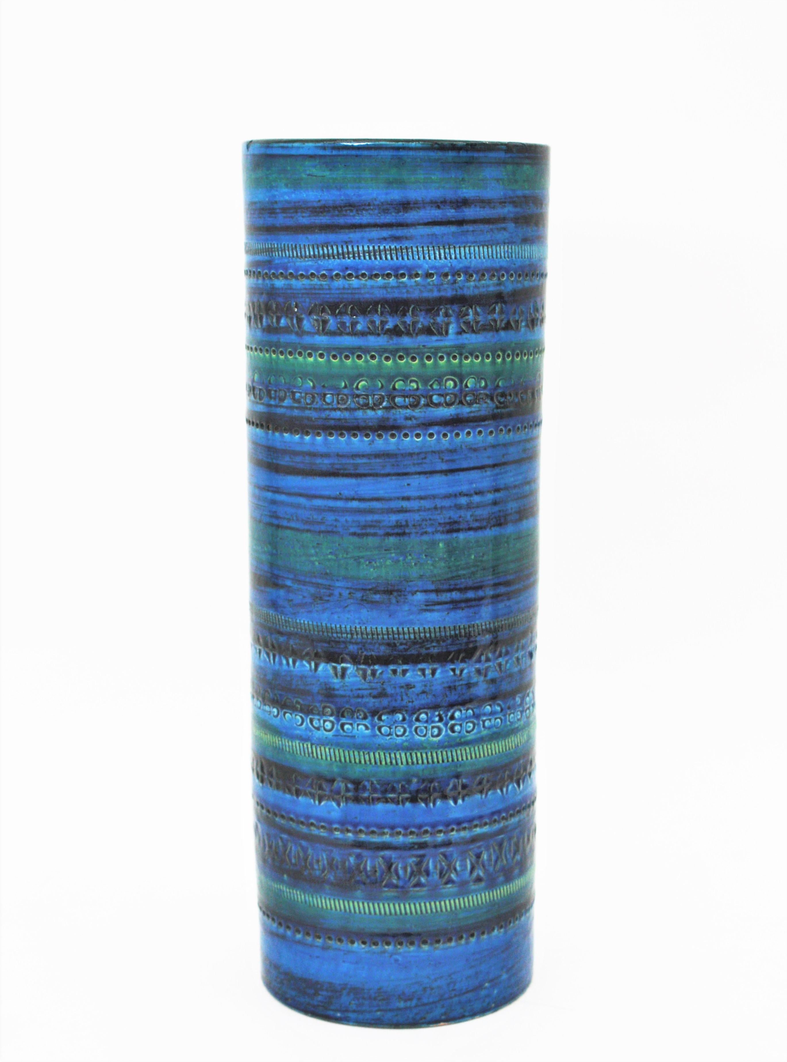Mid-Century Modern Vase XL en céramique émaillée bleue Aldo Londi Bitossi, Italie, années 1960 en vente