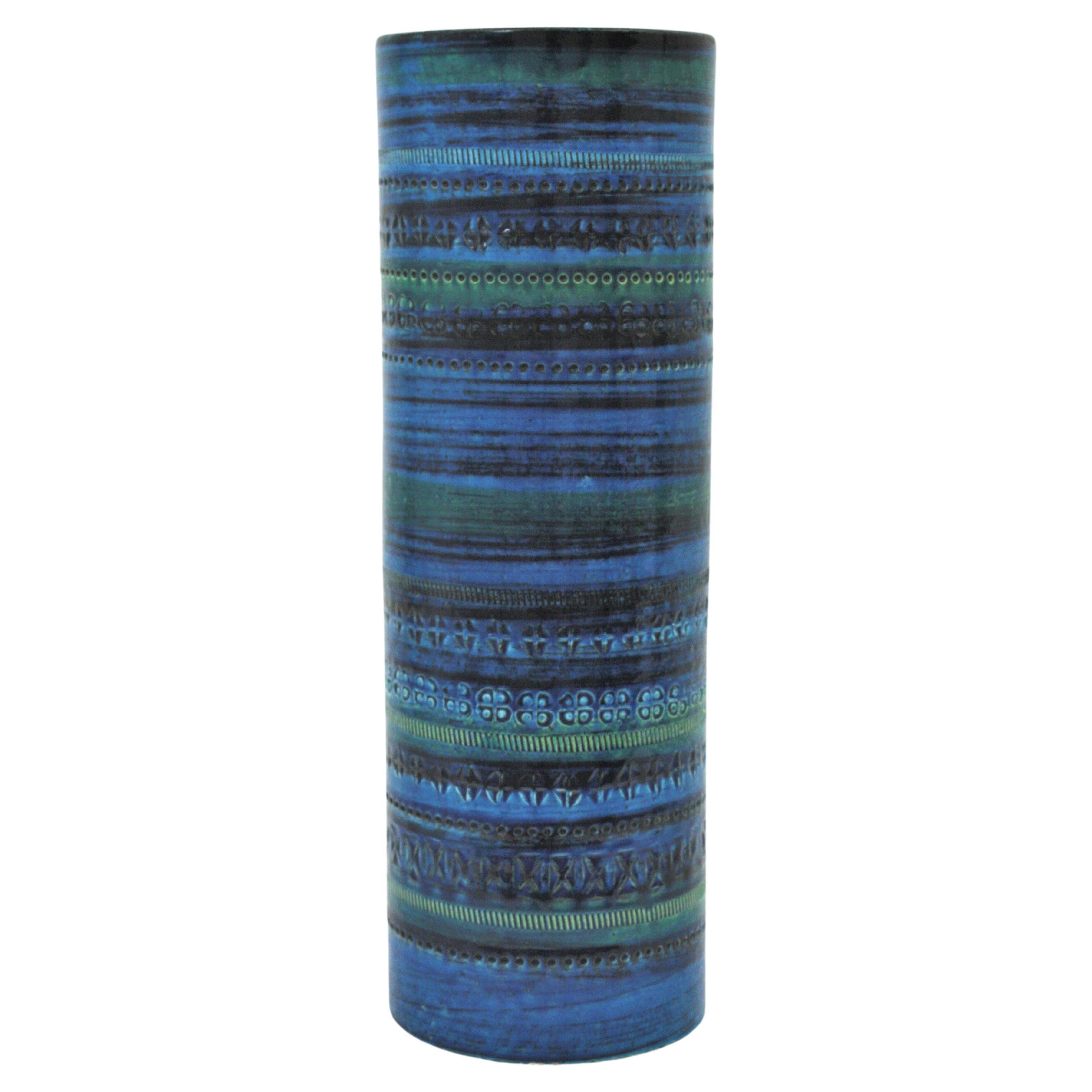 Peint à la main Vase XL en céramique émaillée bleue Aldo Londi Bitossi, Italie, années 1960 en vente