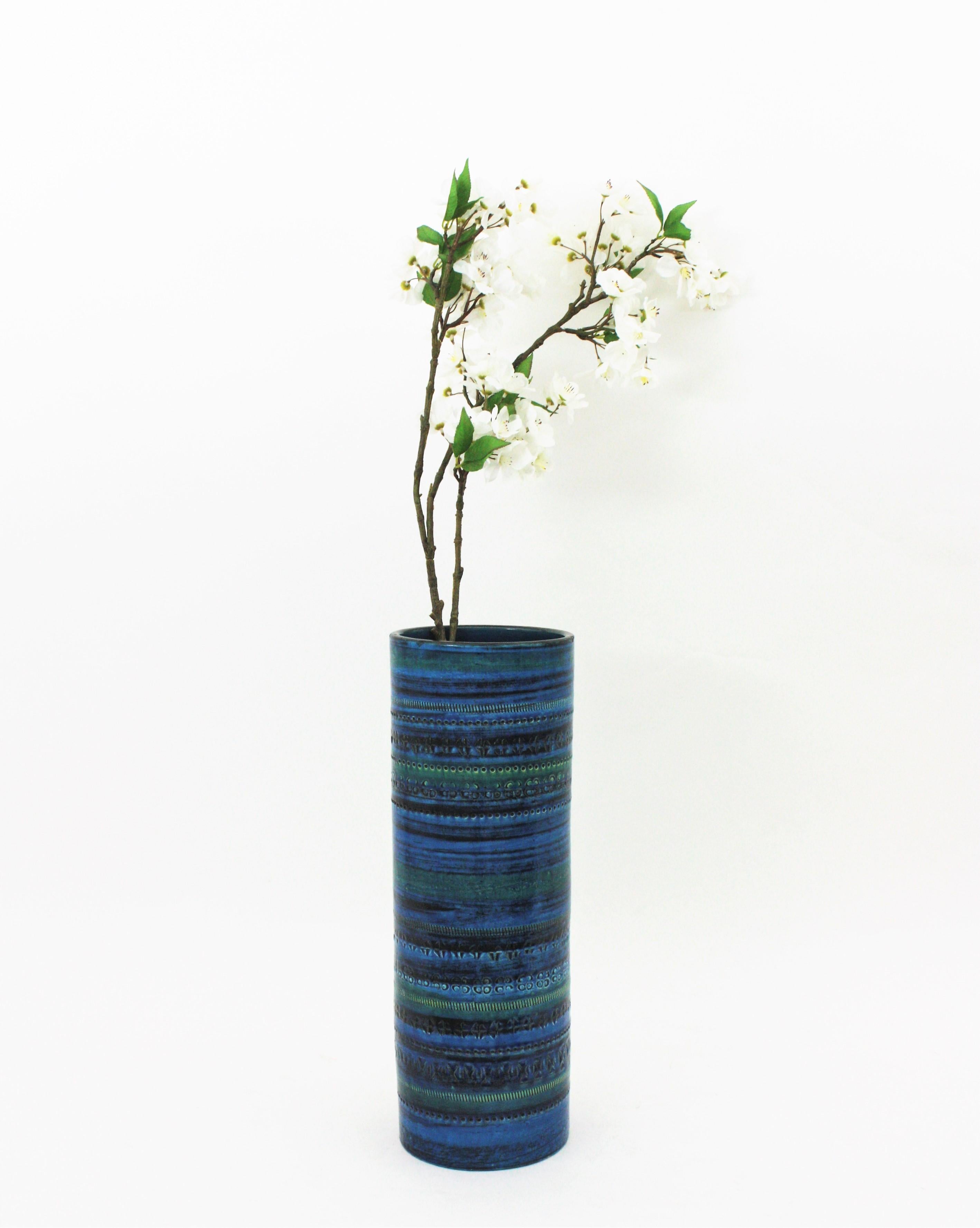 Hand-Painted Aldo Londi Bitossi Rimini Blue Glazed Ceramic XL Vase, Italy, 1960s For Sale
