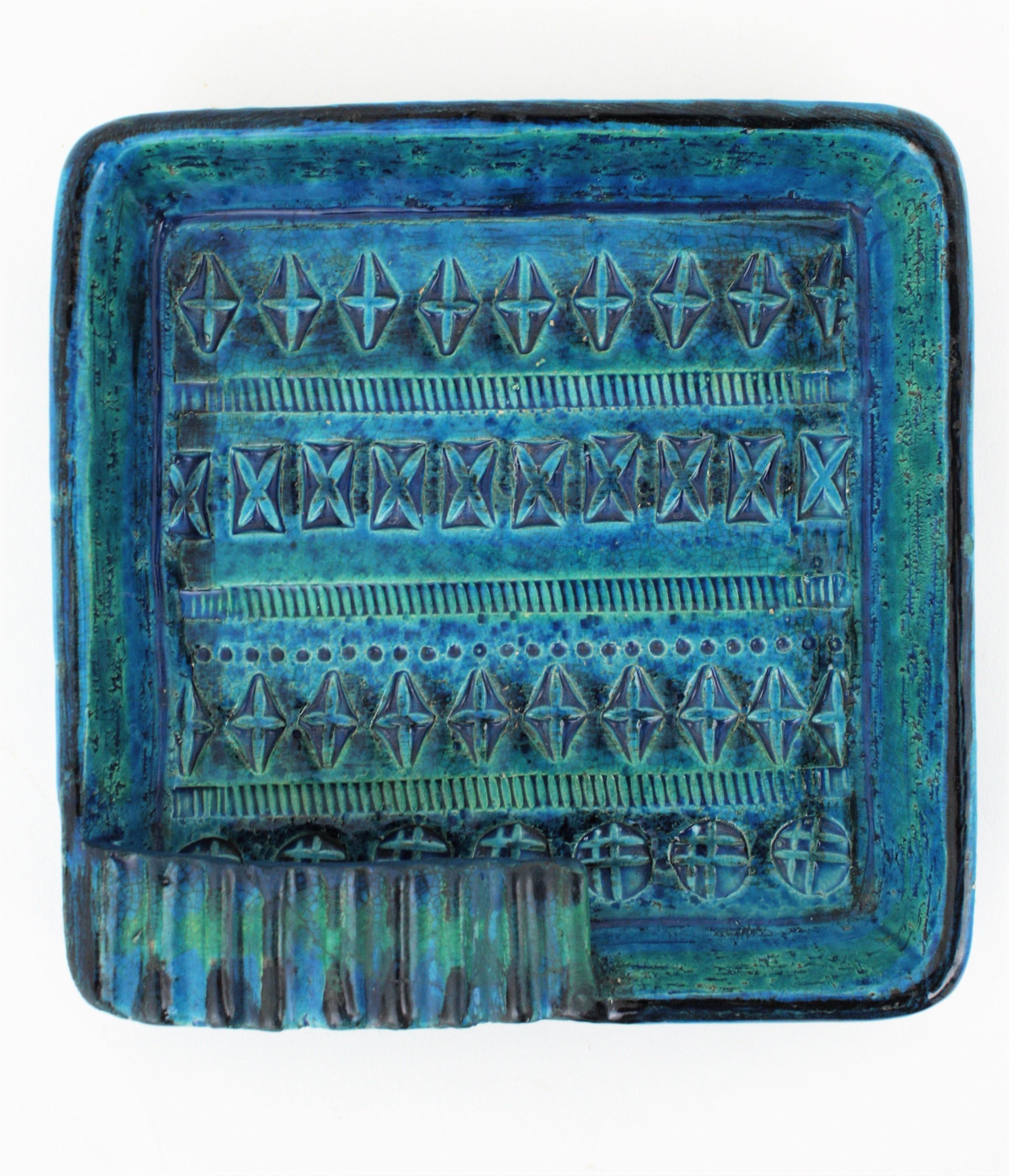 Aldo Londi for Bitossi Rimini Blue Glazed Ceramic Square Ashtray, Italy, 1960s 2
