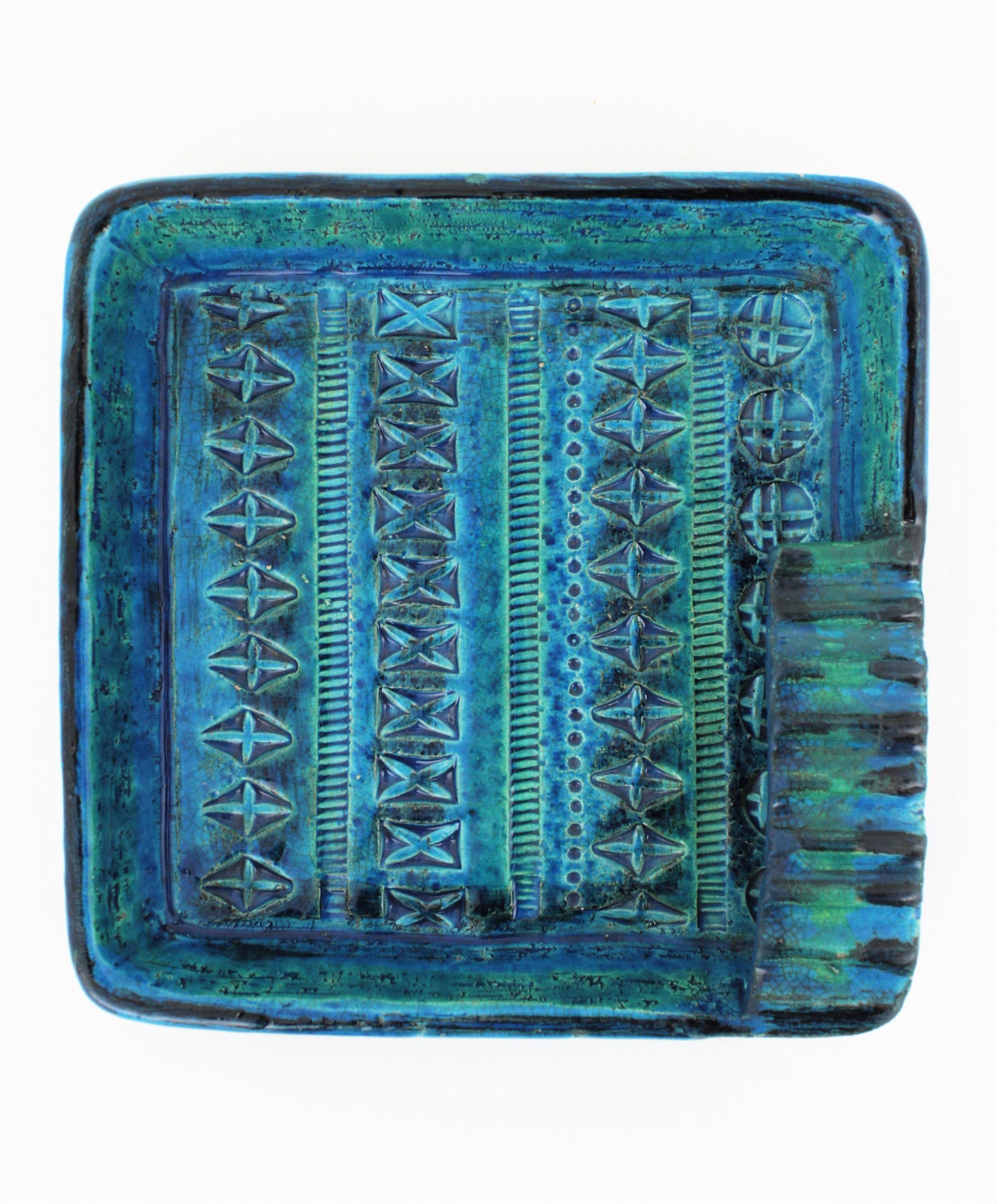 Aldo Londi for Bitossi Rimini Blue Glazed Ceramic Square Ashtray, Italy, 1960s In Good Condition In Barcelona, ES